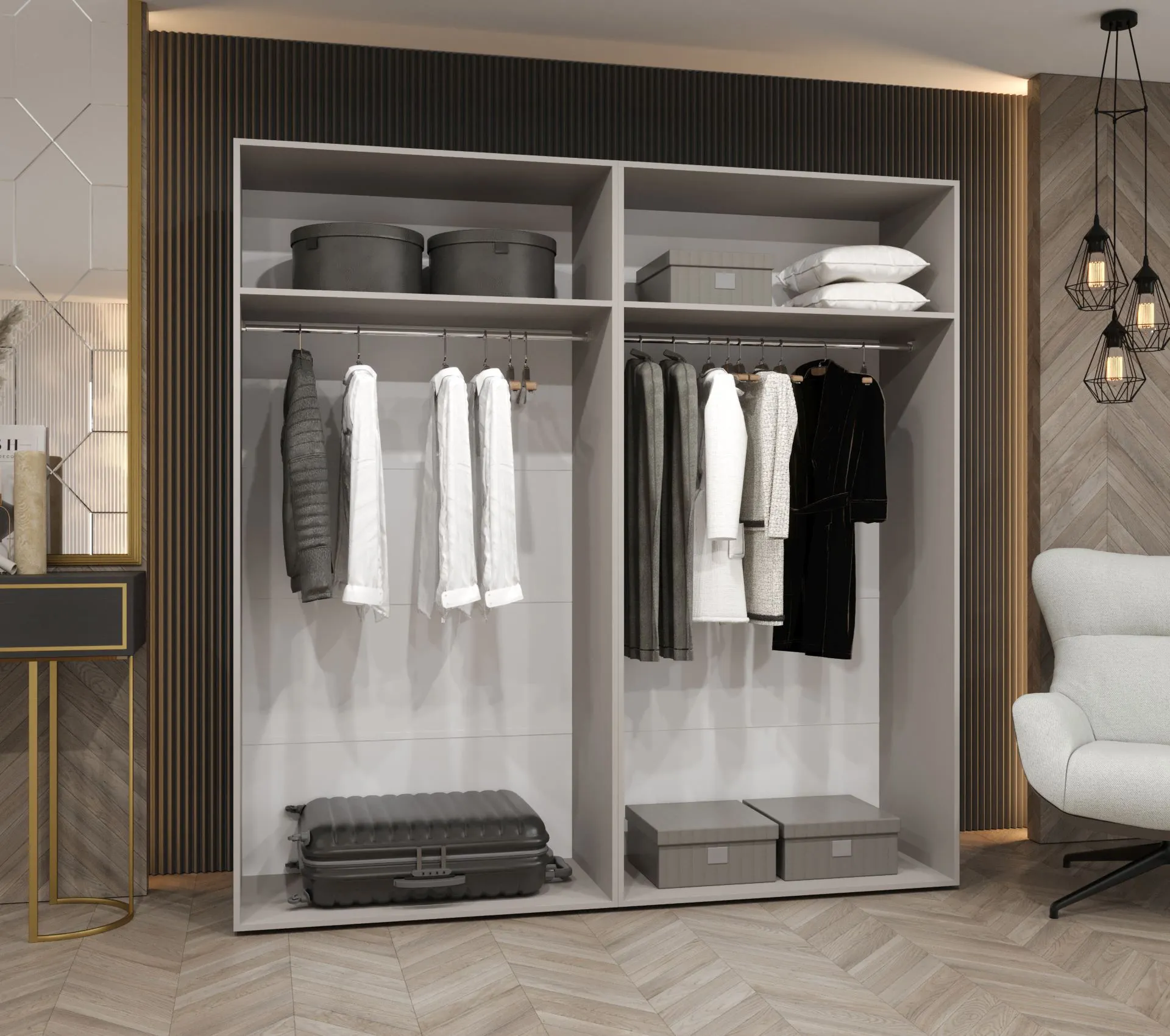 Drehtürenschrank Eiger 30, vier Türen, Farbe: Schwarz, zwei Kleiderstangen, 2 Meter breit, Soft-Close-Funktion, Kleiderschrank, Griffe: Gold, zwei Fächer
