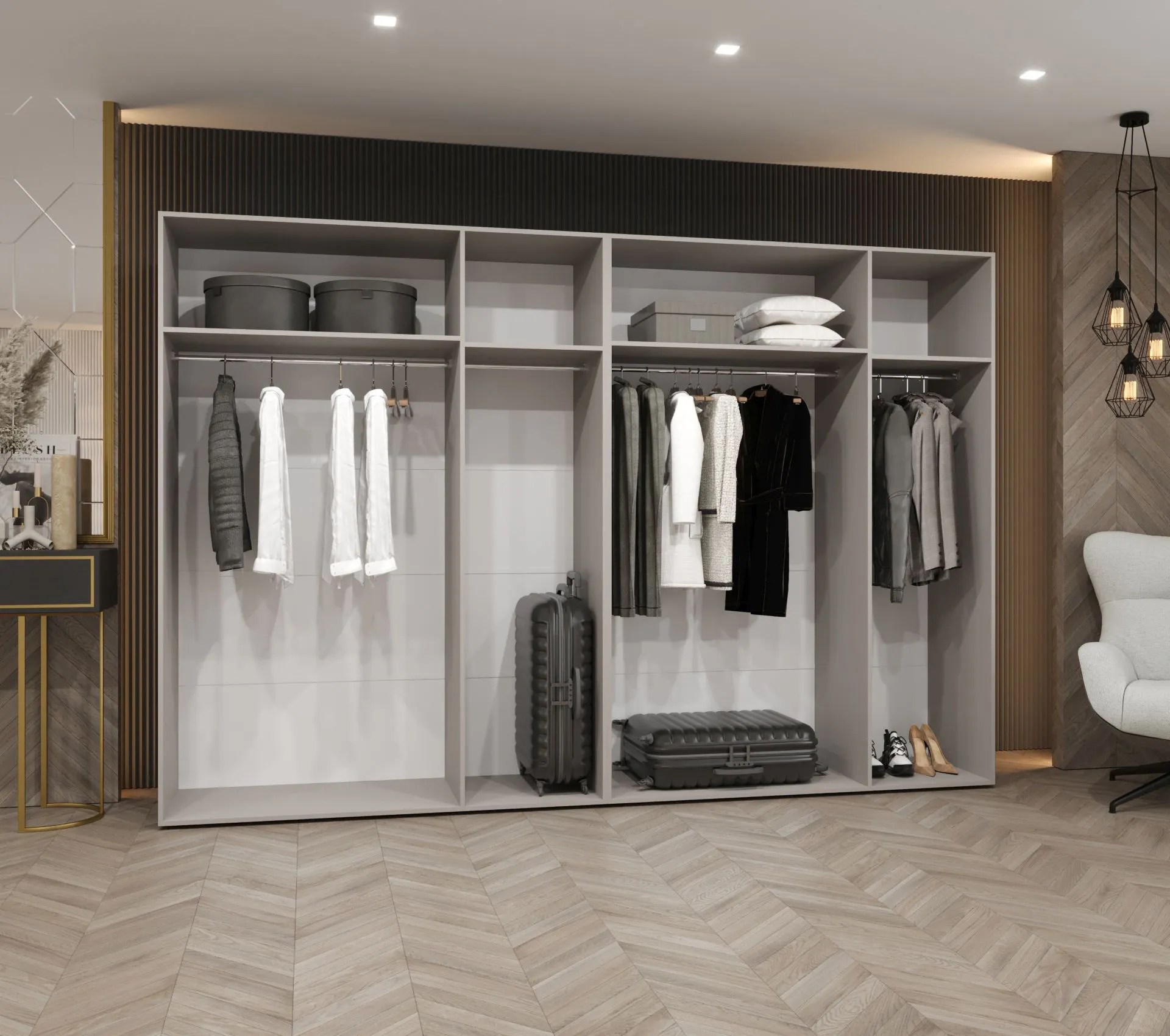 Drehtürenschrank / Kleiderschrank 3 Meter breit Eiger 104, Farbe: Weiß, zwei Spiegeltüren, vier Kleiderstangen, Griffe: Gold, Soft-Close-Funktion, vier Fächer