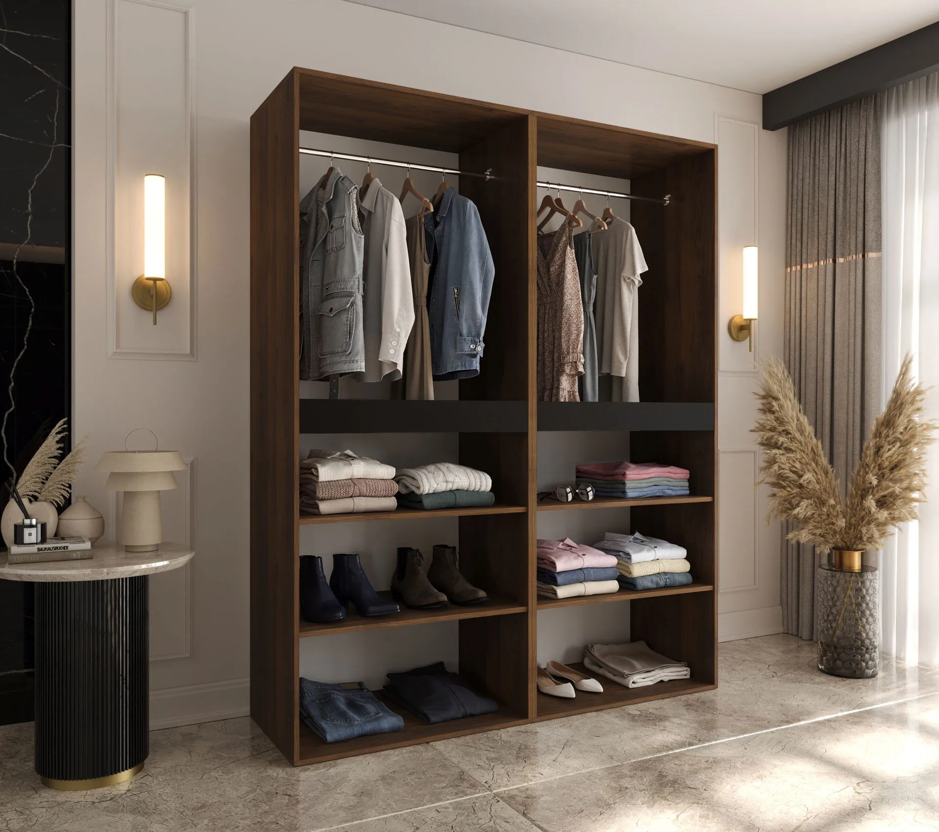 Drehtürenschrank | Farbe: Walnuss Warmia | 8 Drehtüren | 6 Fächer | 2 Kleiderstangen | Kleiderschrank | 180 x 52 x 203 cm | hochwertig Verarbeitet | Soft-Close Funktion