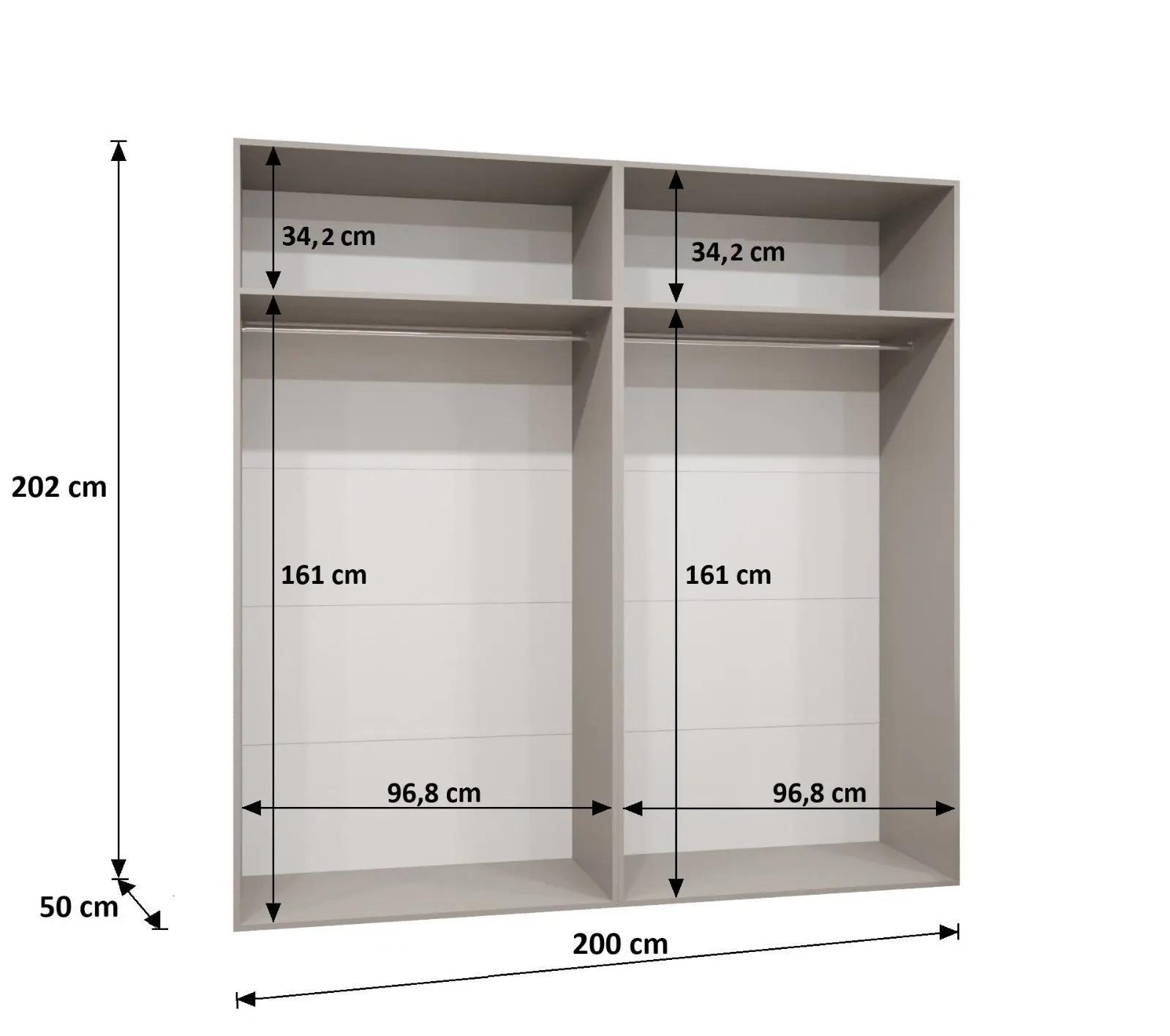 Kleiderschrank 2 Meter breit Eiger 26, Farbe: Weiß, Soft-Close-Funktion, Drehtürenschrank, Griffe: Kaschmir, zwei Fächer, zwei Kleiderstangen, für Schlafzimmer