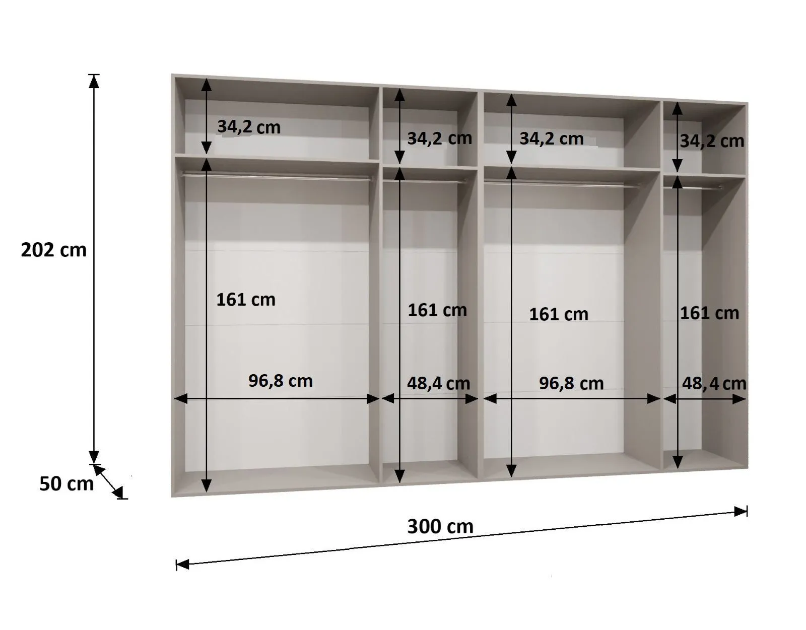 Drehtürenschrank / Kleiderschrank 3 Meter breit Eiger 104, Farbe: Weiß, zwei Spiegeltüren, vier Kleiderstangen, Griffe: Gold, Soft-Close-Funktion, vier Fächer