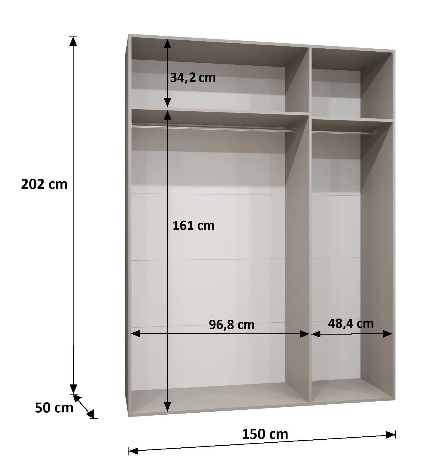Drehtürenschrank / Kleiderschrank mit Soft-Close-Funktion Eiger 125, Farbe: Weiß, drei Spiegeltüren, zwei Kleiderstangen, 1,5 Meter breit, Griffe: Kaschmir