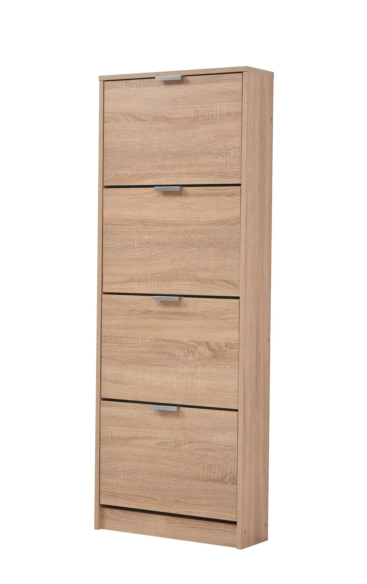 Hoher Schuhschrank Veliko 04, Farbe: Eiche Sonoma, vier Kipptüren, ABS-Kanten, schmaler Schuhschrank, Maße: 155,5 x 58 x 18 cm, für den Vorraum