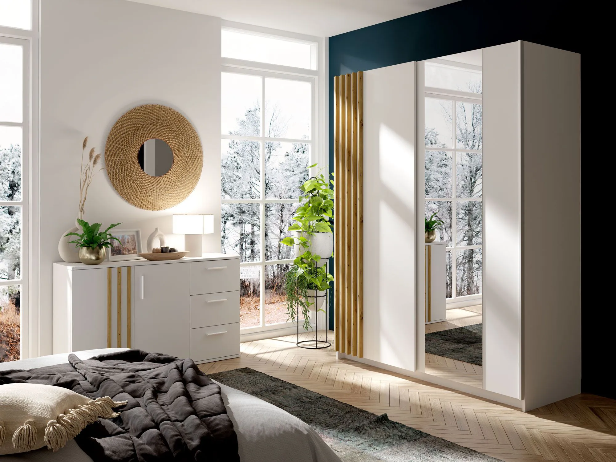 Sideboard mit drei Schubladen Elefsina 03, lange Kommode, Farbe: Weiß / Eiche Artisan, zwei Türen, zwei Fächer, Maße: 73 x 120 x 35 cm, für Wohnzimmer