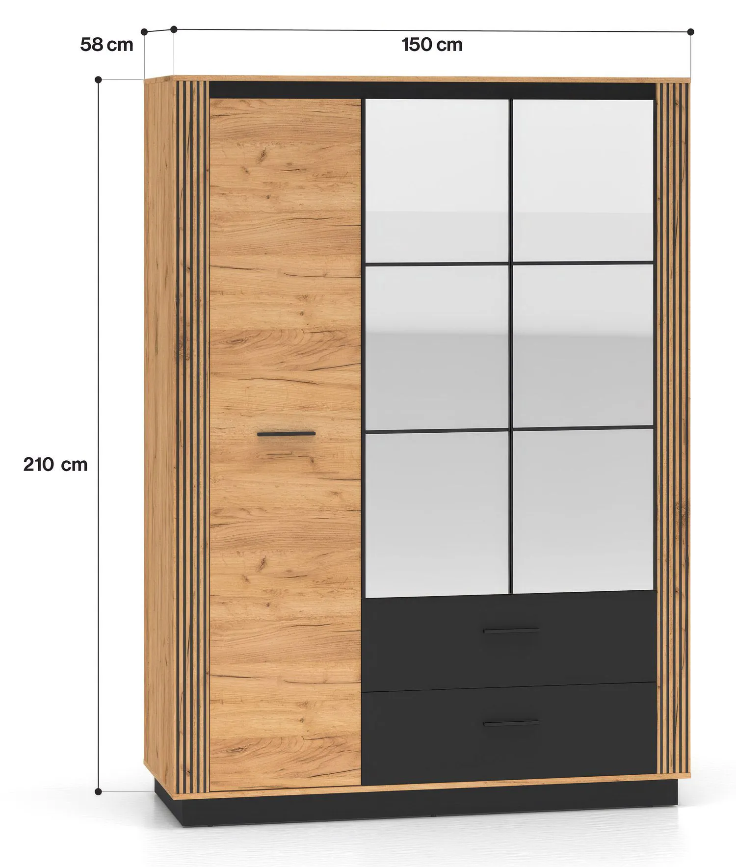 Stylischer Kleiderschrank Dagali 02, Farbe: Eiche / Schwarz, Maße: 210 x 150 x 58 cm, modernes und einfaches Design, Soft-Close-System, fünf Fächer,