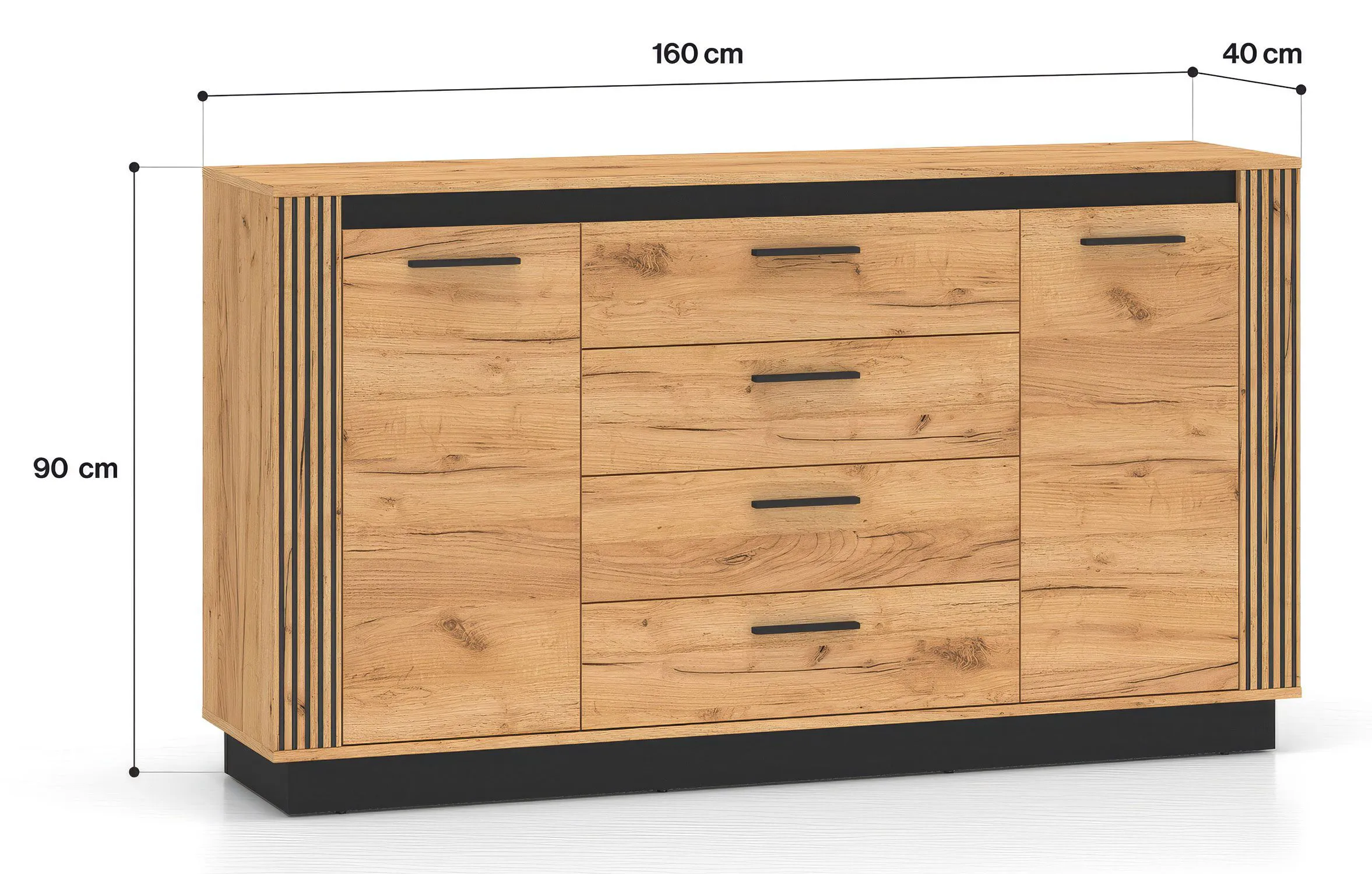 Sideboard / Kommode mit vier Schubladen Dagali 06, zwei Türen, Farbe: Eiche / Schwarz, Soft-Close Funktion, vier Fächer, ABS-Kantenschutz