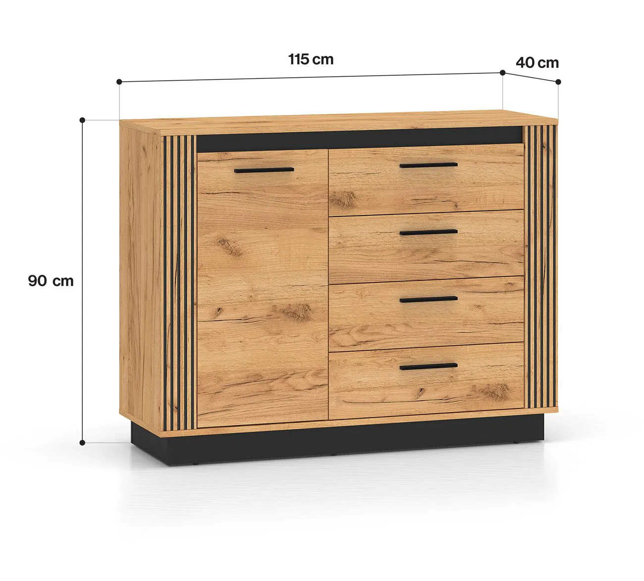Schmale Kommode Dagali 07, Farbe: Eiche / Schwarz, vier Schubladen, eine Tür, zwei Fächer, modern und elegant, Soft-Close Funktion, für Wohnzimmer