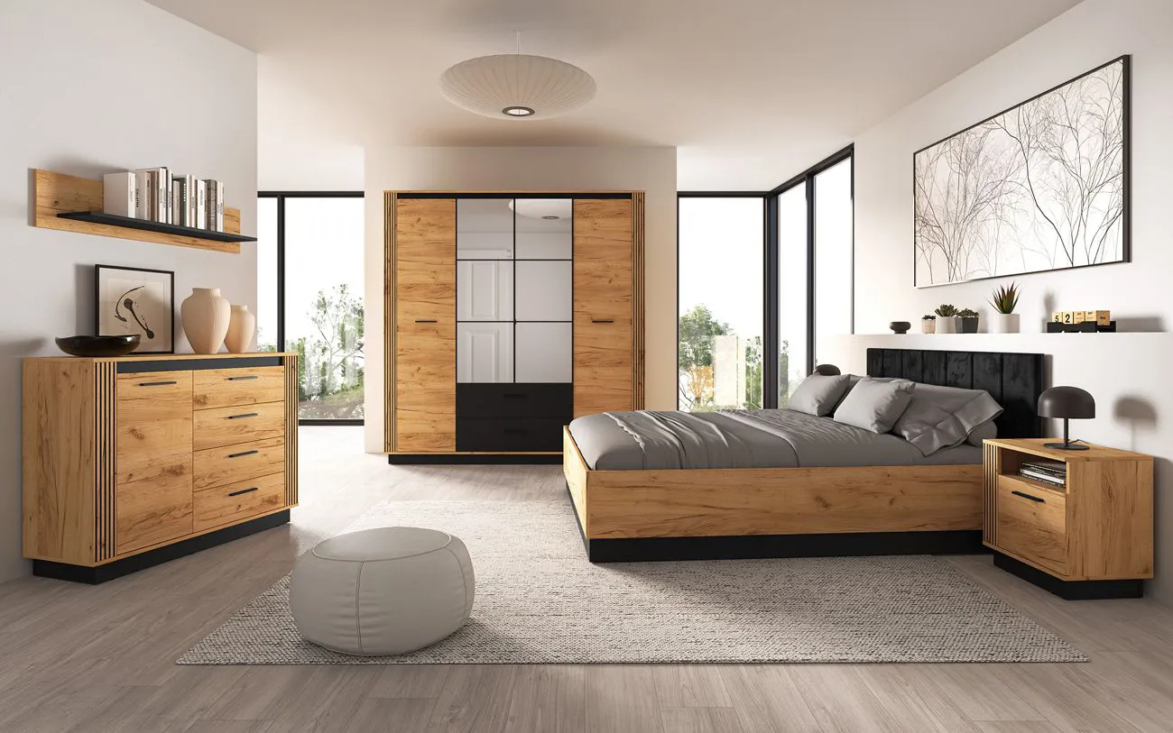Schmale Kommode Dagali 07, Farbe: Eiche / Schwarz, vier Schubladen, eine Tür, zwei Fächer, modern und elegant, Soft-Close Funktion, für Wohnzimmer