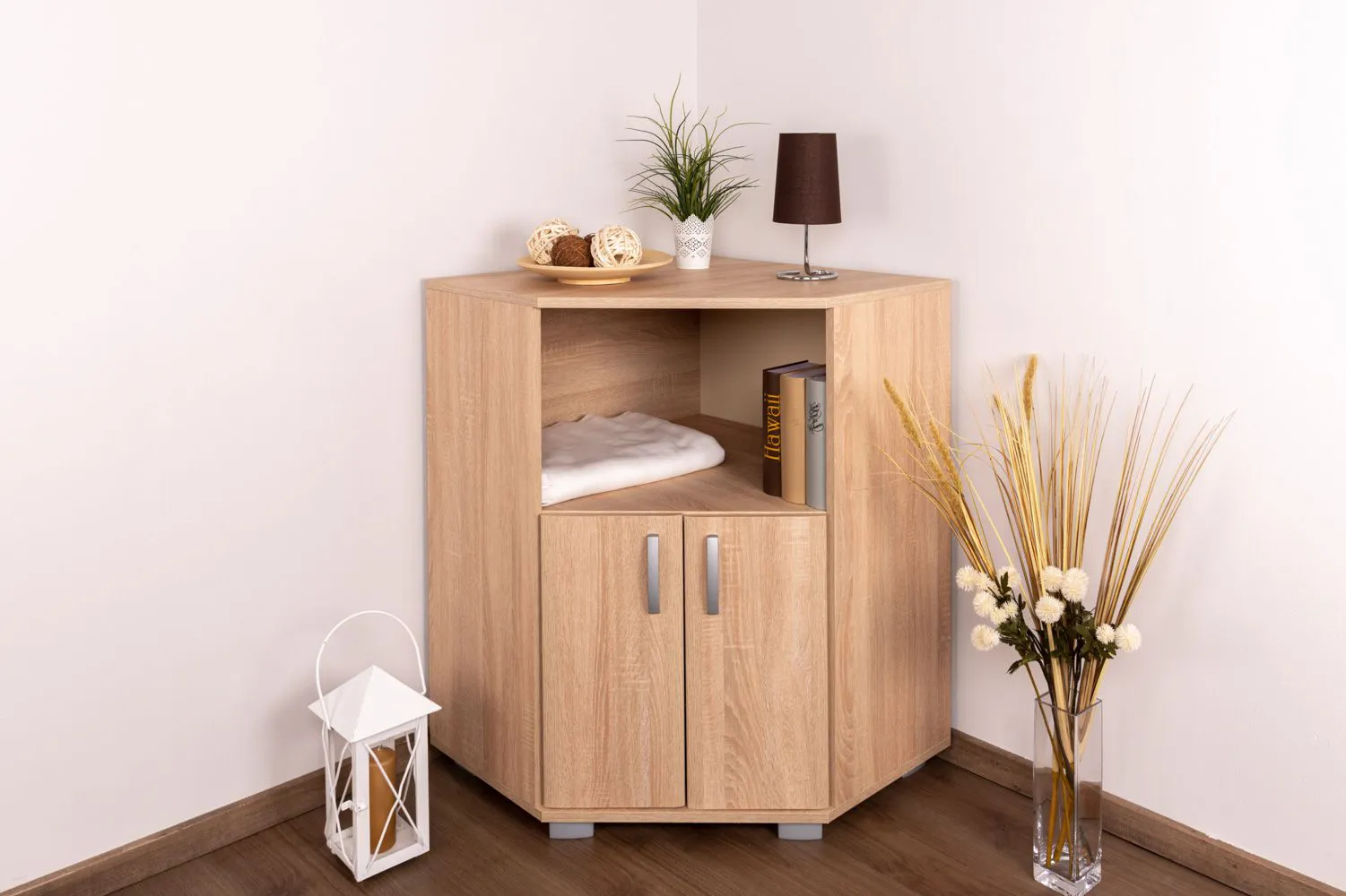 Eck-Kommode Ainsa 14 | Eiche Braun | 72 x 37 x 95 cm (L x T x H) | Griffe aus Metall | ABS-Kanten | 3 Fächer