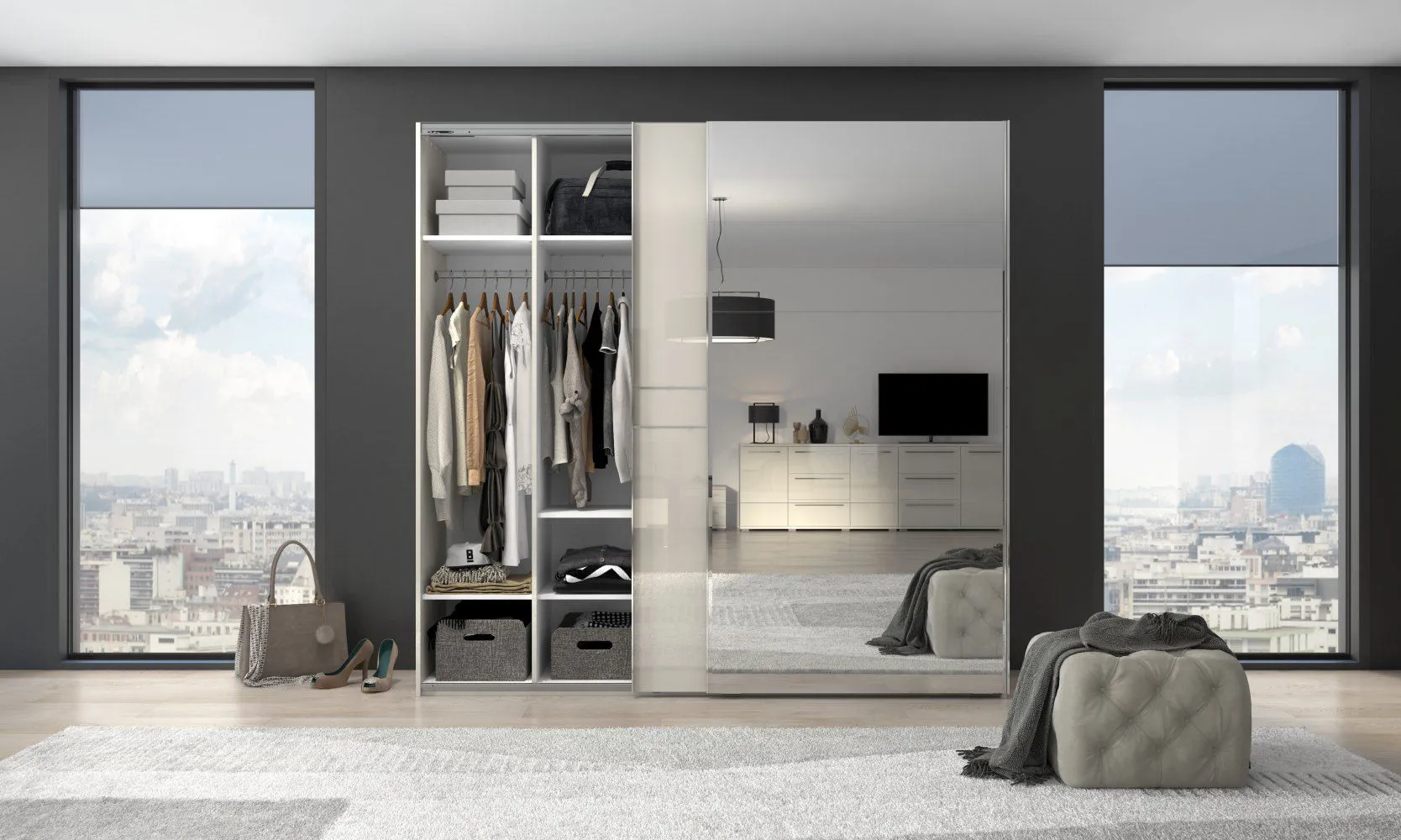 Schlafzimmer - Kleiderschrank mit Spiegel, Farbe: Beige / Beige Hochglanz