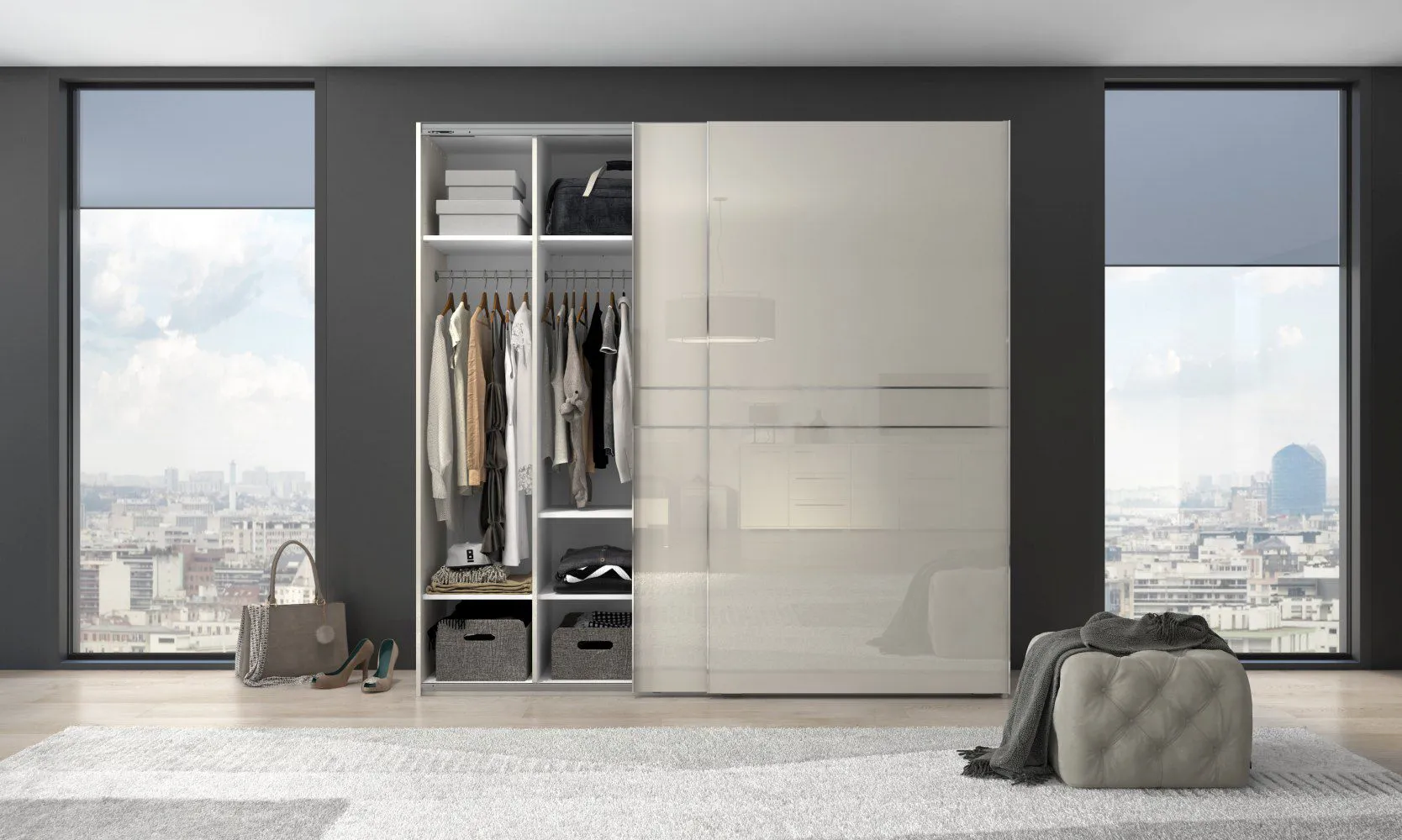 Schwebetürenschrank / Kleiderschrank Siumu 05, Farbe: Beige / Beige Hochglanz