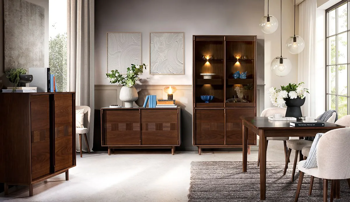 Kommode / Sideboard hoch Inginele 03 in Farbe Walnuss lackiert, 111 x 109 x 43 cm, 2 Schiebetüren, 2 Schubladen mit Teilauszug, 5 Fächer, Wohnzimmer