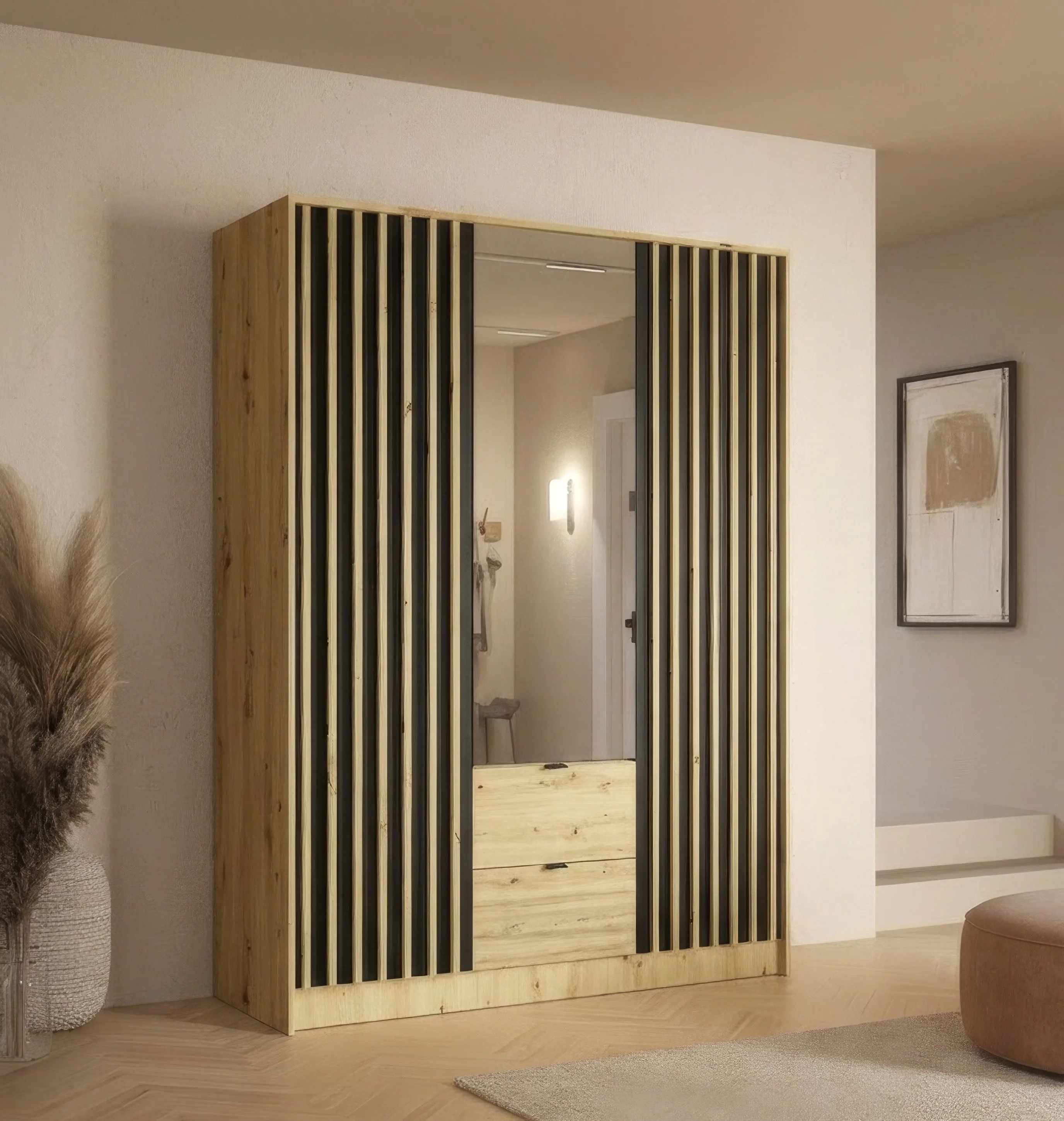 Kleiderschrank mit viel Stauraum | 10 Fächer | Metallgriffe | 1 Kleiderstange | 2 Schubladen | Lamellen | 150,8 x 54,5 x 200,5 cm | Eiche / Artisan