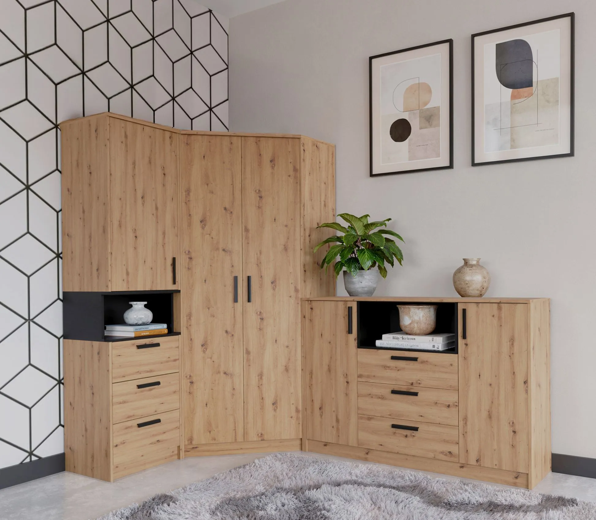 Schlafzimmer - Set | Eckkleiderschrank - Set N Fafe | 3-teilig | Farbe: Eiche Artisan / Schwarz | Soft-Close-System | Kommode