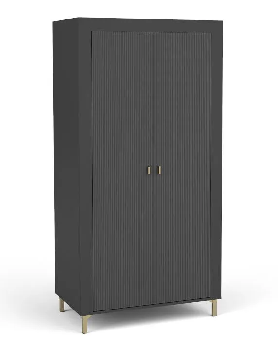 Dunkler Kleiderschrank mit einer Kleiderstange Barbe 02, ABS, zwei Fächer, Farbe: Schwarz matt, Griffe und Beine