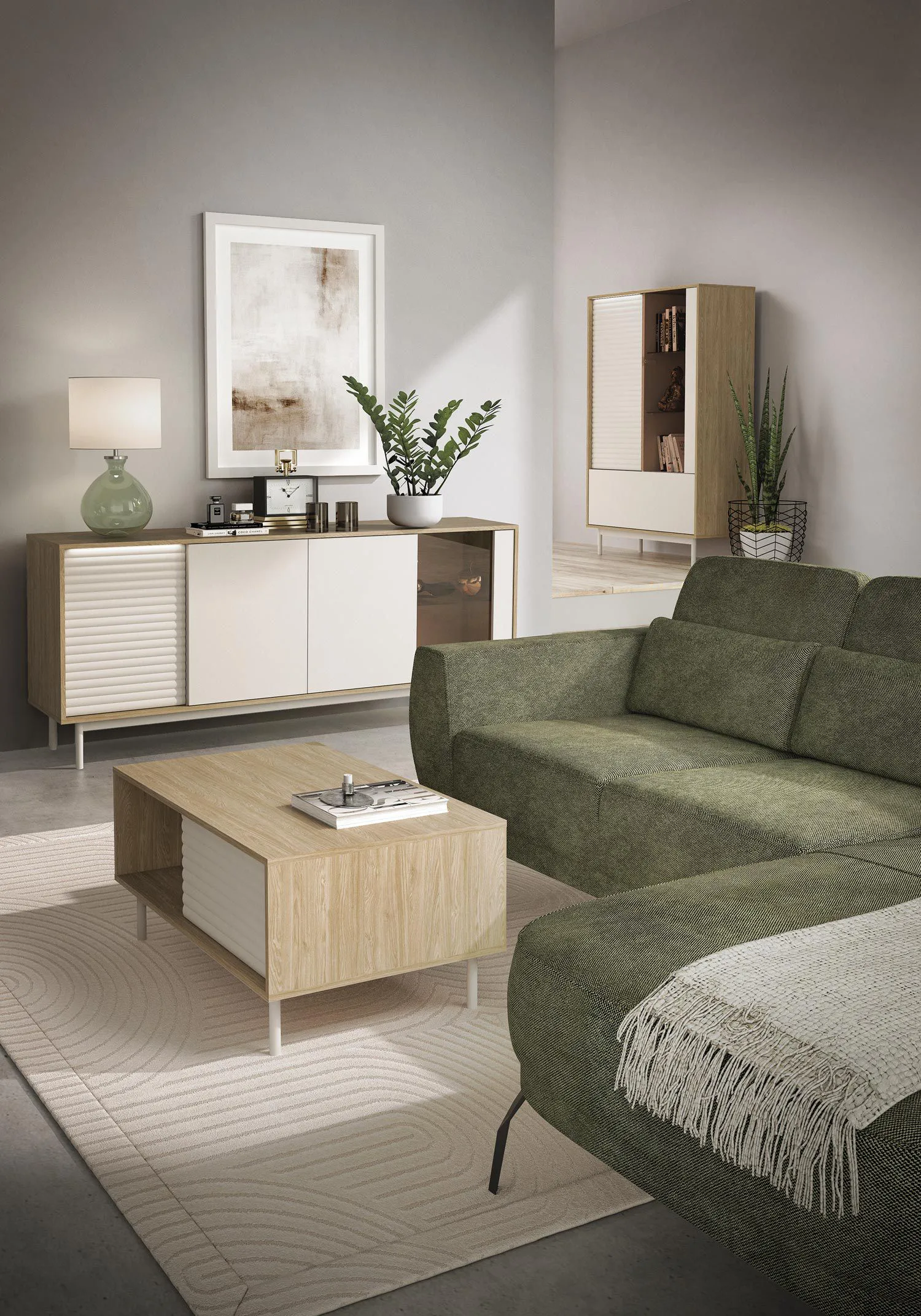 Wohnzimmer Komplett - Set C Tamino | 3-teilig | mit hellen Design | Farbe: Eiche / Kaschmir | ABS-Kantenschutz | 1 Vitrine | 1 Sideboard