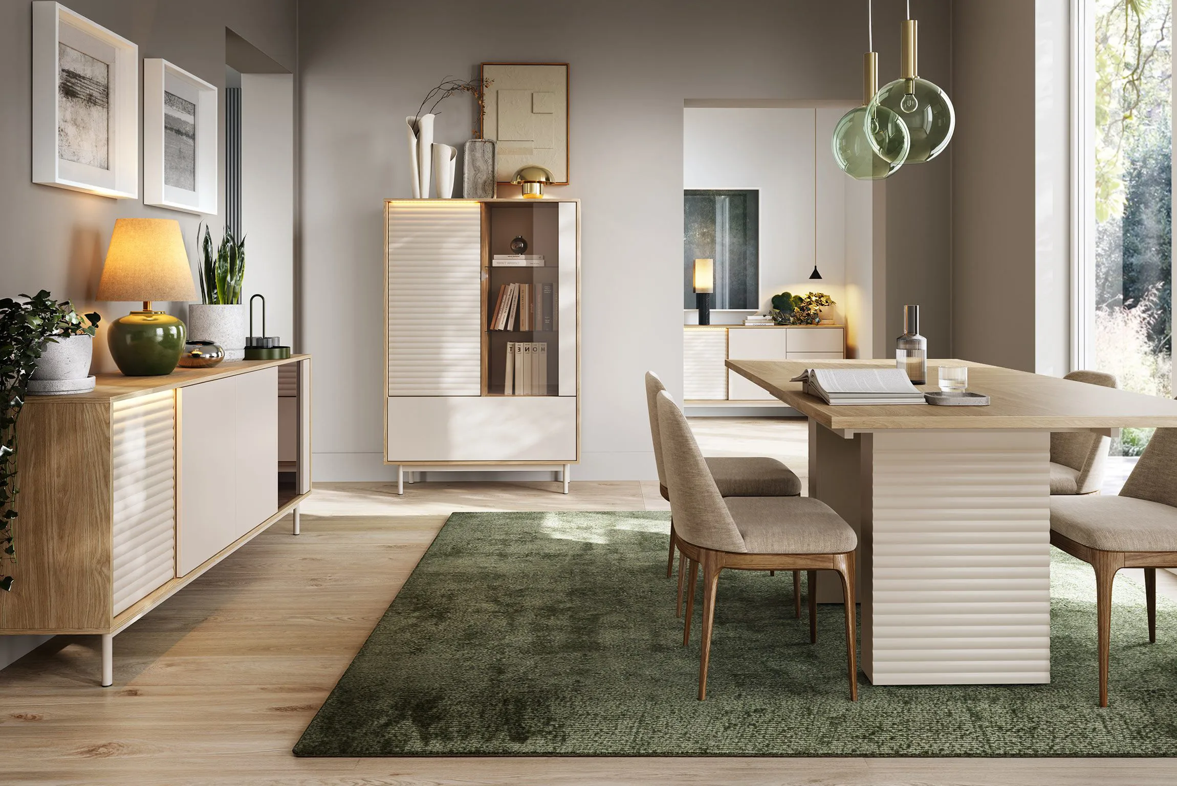 Esszimmer Komplett - Set A Tamino | 4-teilig | mit hellen Design | Farbe: Eiche / Kaschmir | ABS-Kantenschutz | 1 Vitrine | 1 Sideboard