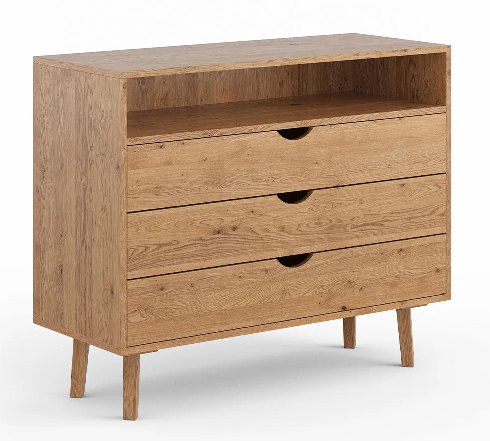 Kommode Minnu 03 naturbelassen aus massiver Wildeiche, 90 x 110 x 40 cm, 3 Schubladen mit Soft-Close-System, 1 offenes Fach, geöltes Holz, stilvoll