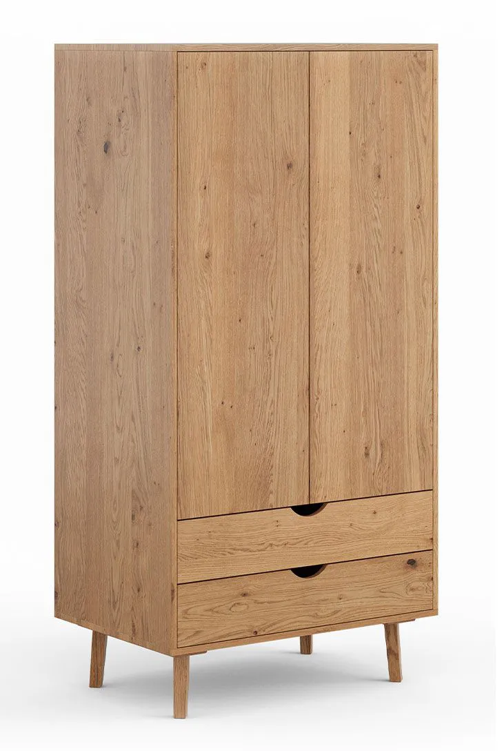 Schrank Minnu 08 aus Wildeiche massiv, 180 x 90 x 60 cm, geölte Oberfläche, 2 Schubladen mit Soft-Close, 2 Türen mit Push-to-open, inkl. 1 Kleiderstange