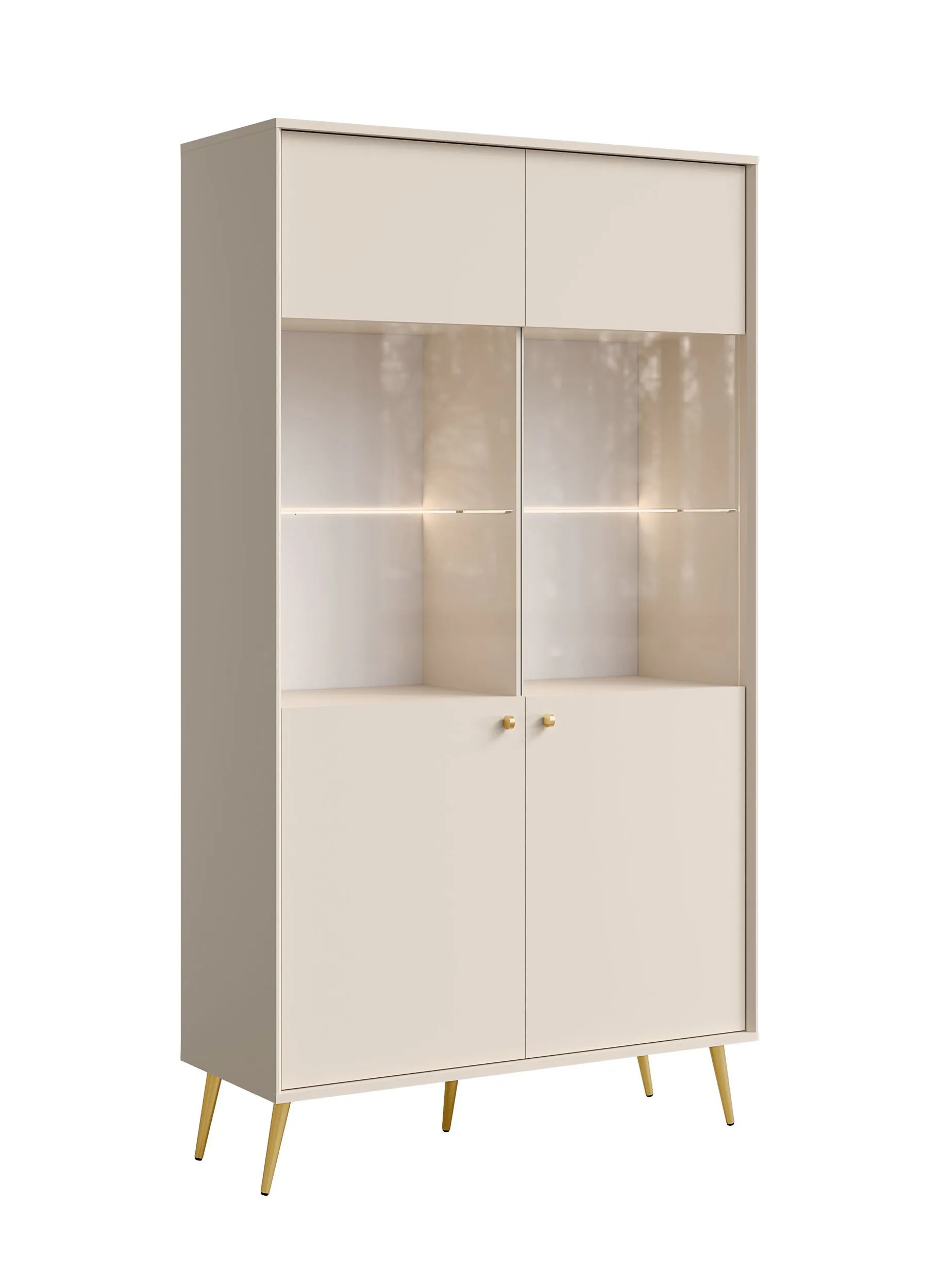 Vitrine | zwei Glaseinlegeböden | Farbe: Beige | 10 Fächer | Griffe & Beine: Gold | Maße: 105,5 x 40,5 x 191 cm