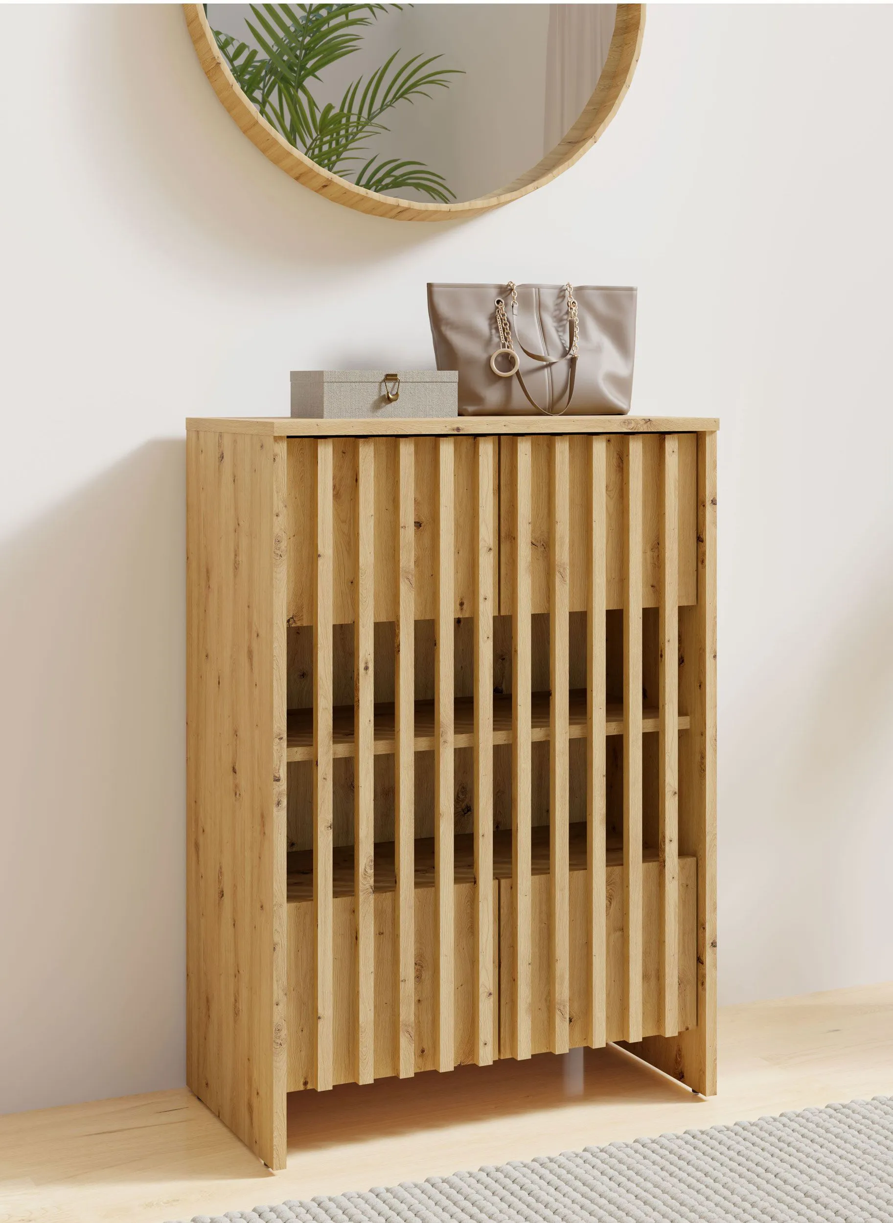 Kommode | Lamellen Front | Farbe: Eiche Artisan | 2 Drehtüren | offene Kommode | 4 Fächer | Maße: 60 x 34 x 87 cm