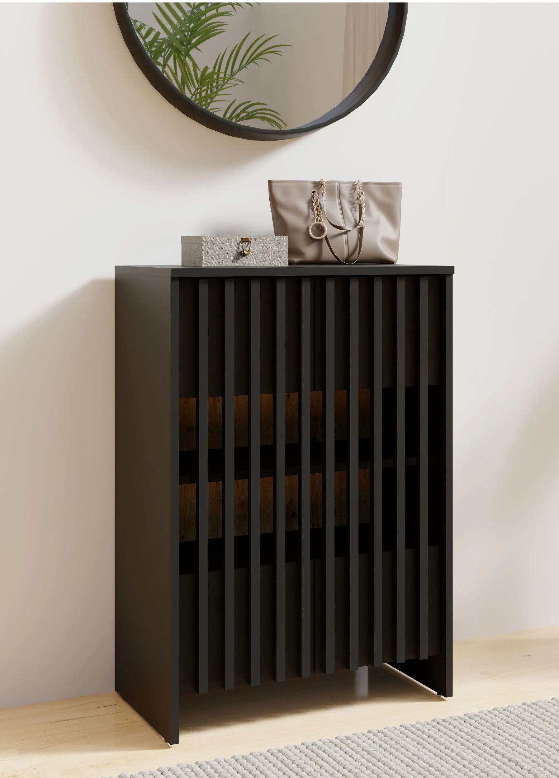 Kommode | Lamellen Front | Farbe: Schwarz | 2 Drehtüren | offene Kommode | 4 Fächer | Maße: 60 x 34 x 87 cm