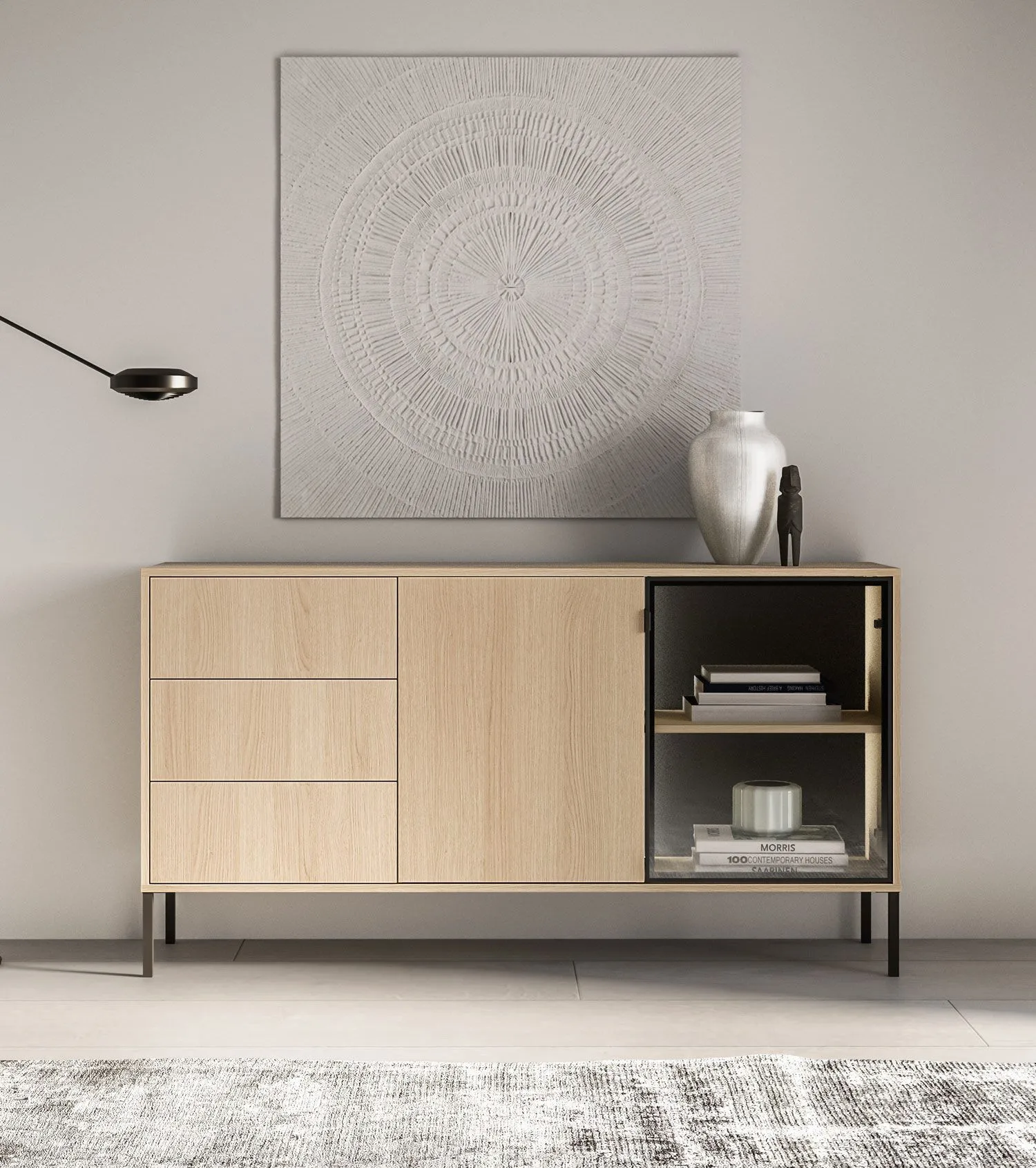 Sideboard | Farbe: Eiche Lindberg | inkl. LED-Beleuchtung | 3 Schubladen | Push-to-open Funktion | 160 x 40 x 86 cm | 4 Fächer | Kommode