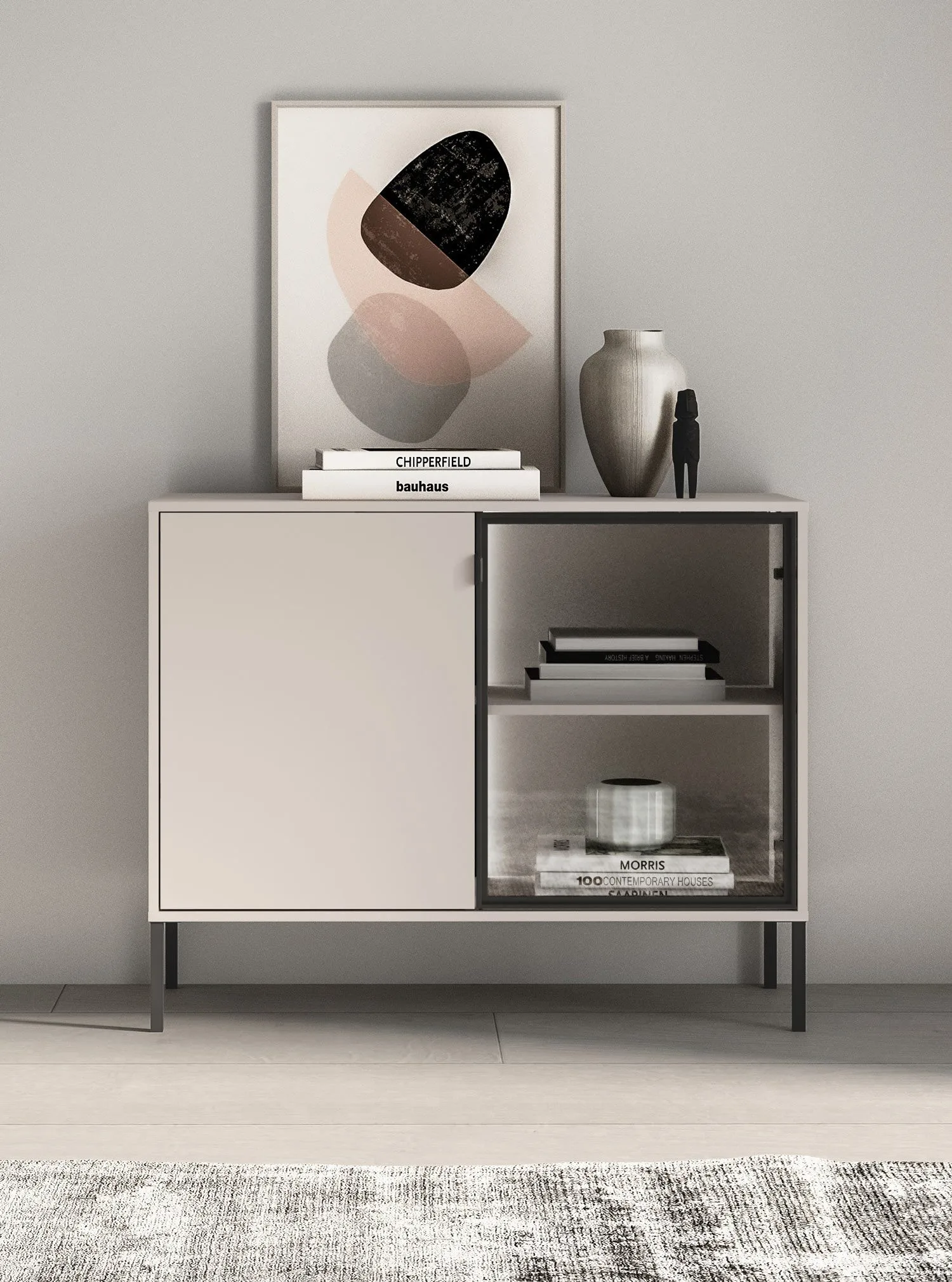 Kommode | klein | Kaschmir | 1 Glastür mit Aluminiumrahmen | 4 Fächer | inkl. LED-Beleuchtung | Push-to-open Funktion | 107 x 40 x 86 cm