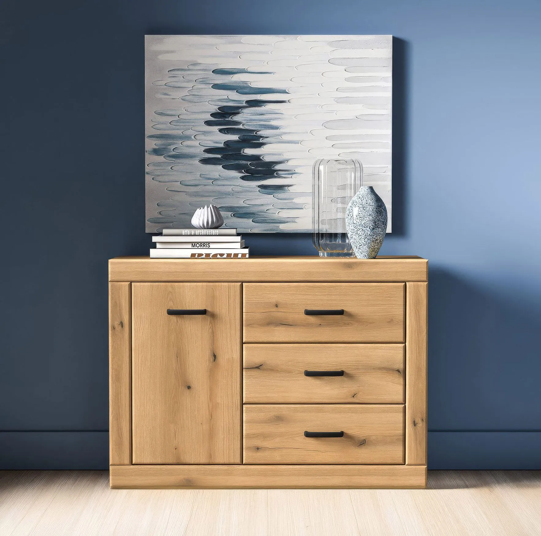 Kommode / Sideboard Athens 05 | 3 Schubladen | Maße: 116 x 40 x 85 cm | Farbe: Eiche Evoke | 1 Tür | Soft-Close