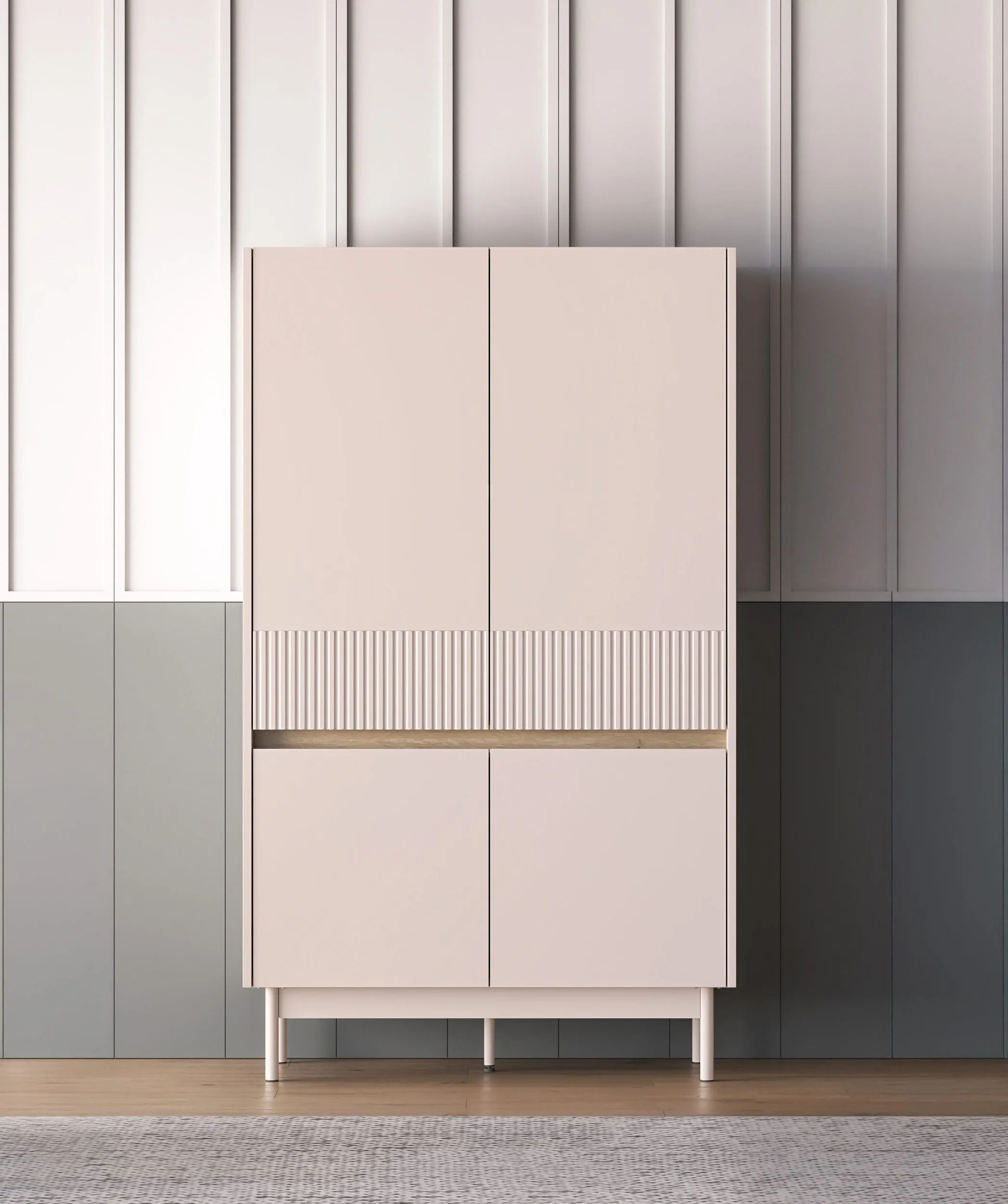 Highboard / Kommode Humboldt 04 | 4 Türen | Farbe: Eiche Cremona / Kaschmir | Maße: 92 x 40 x 156 cm | Beine: Metall | Soft-Close