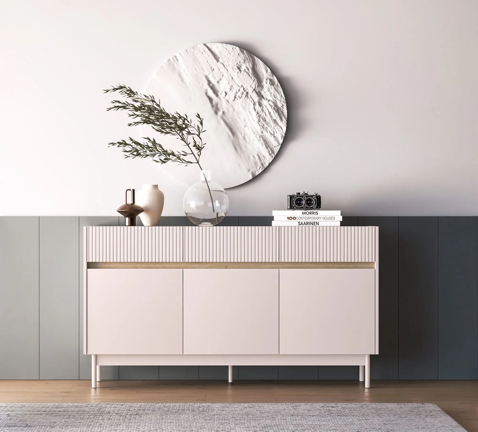 Sideboard / Kommode Humboldt 05 | Maße: 154 x 40 x 85 cm | Farbe: Eiche Cremona / Kaschmir | 3 Schubladen | 3 Türen | Beine: Metall