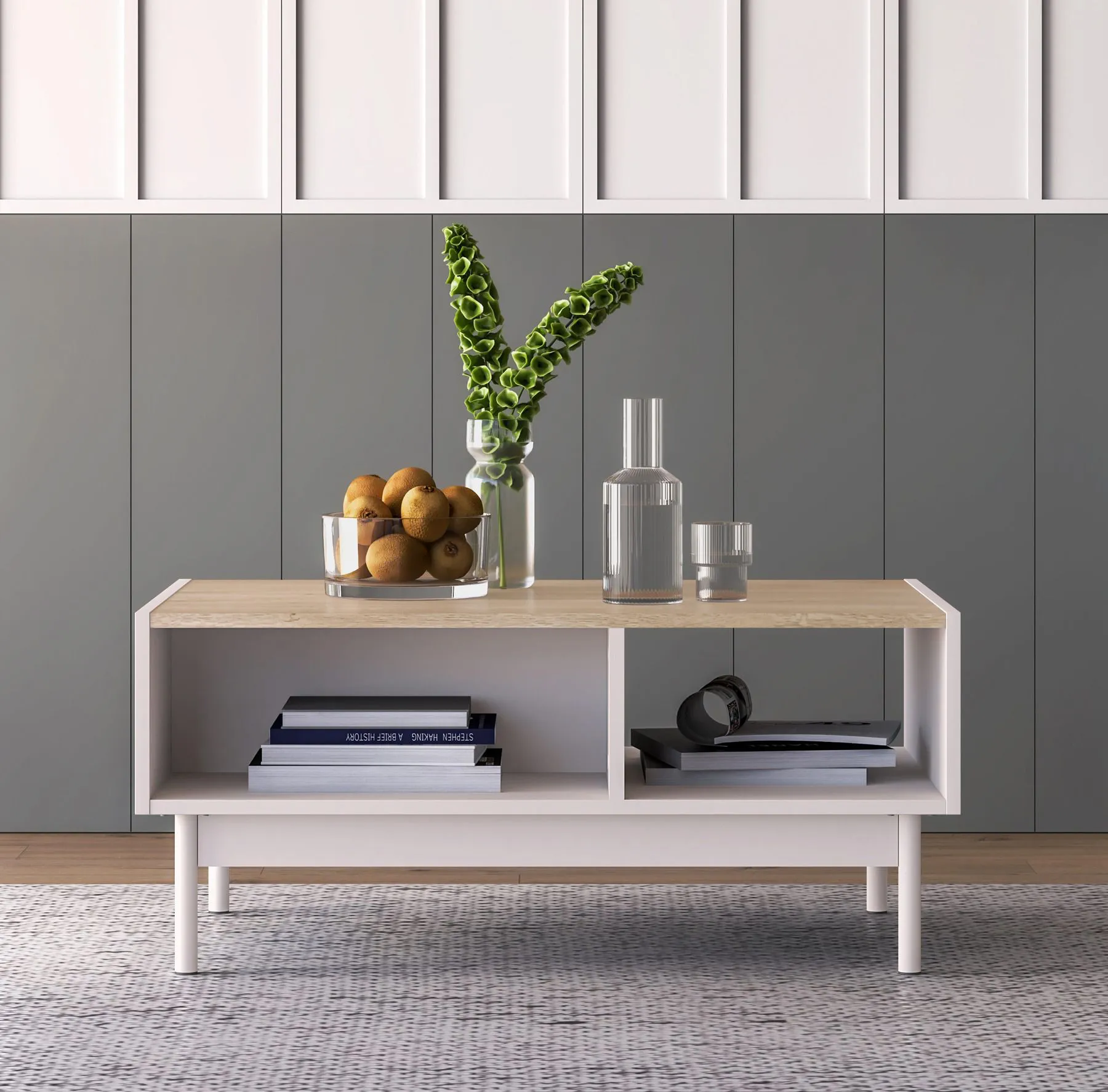 Couchtisch Humboldt 09 | Farbe: Eiche Cremona / Kaschmir | Beine: Metall | für Wohnzimmer | Maße: 90 x 60 x 40 cm | ABS-Kanten | 2 Fächer