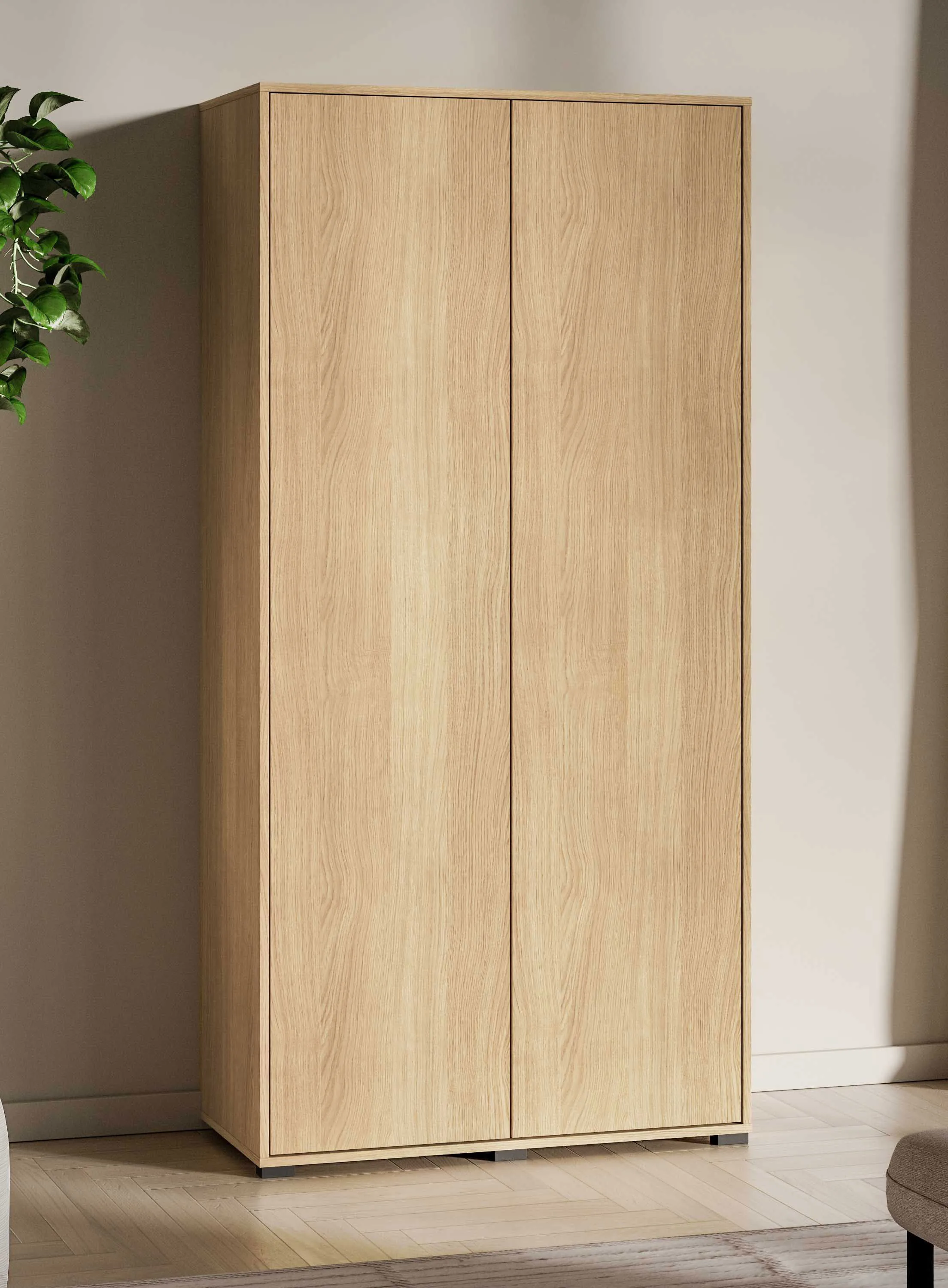Drehtürenschrank | 2 Türen | Farbe: Eiche Mavelie | 1 Kleiderstange | 2 Fächer | 92 x 52 x 190 cm | Kleiderschrank