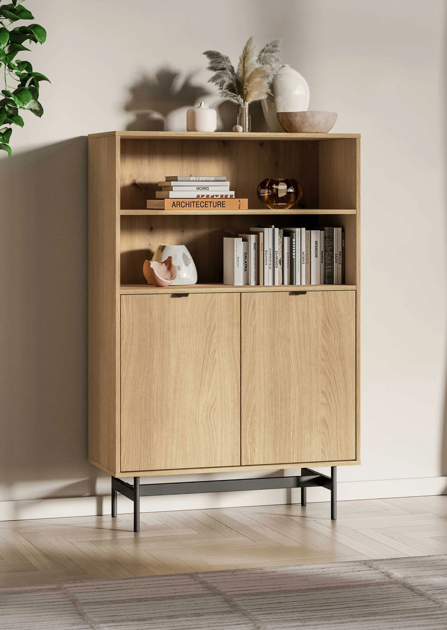 Kommode | Farbe: Eiche Mavelie | Soft-Close Funktion | 4 Fächer | 92 x 40 x 140 cm | 2 Drehtüren | Highboard | hochwertig Verarbeitet