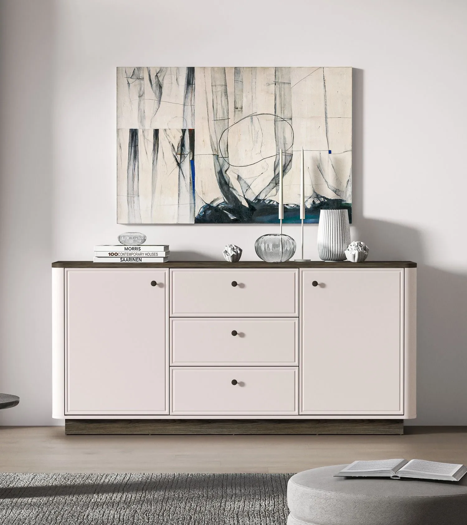 Kommode | 3 Schubladen | Farbe: Kaschmir / Eiche Windmill dunkel | Sideboard | 2 Türen | 4 Fächer | Maße: 180 x 40 x 85 cm