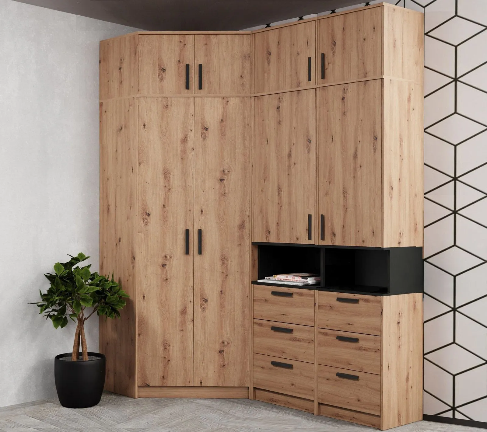 Eckkleiderschrank - Set A Fafe | 6-teilig | Farbe: Eiche Artisan / Schwarz | Soft-Close-Funktion | Kleiderschrank | viel Stauraum