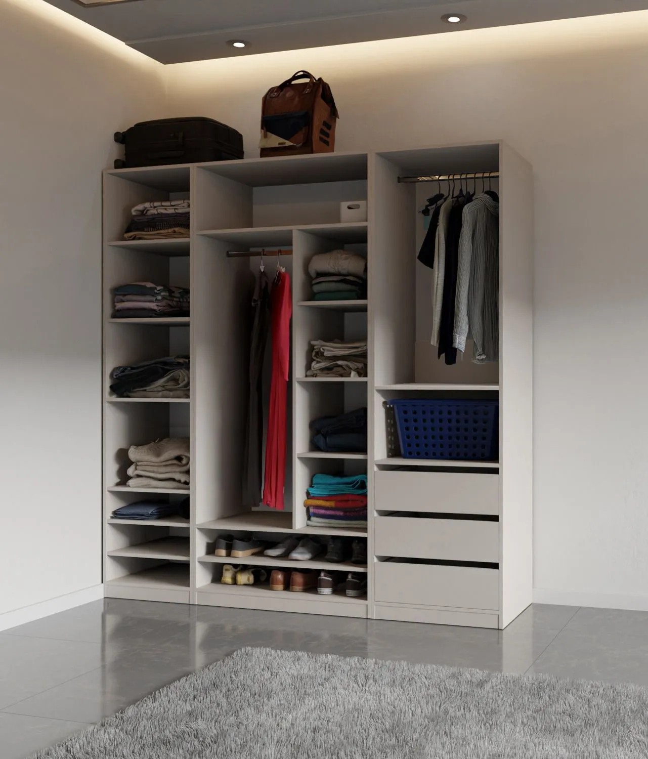 Schrankset für Ankleidezimmer - Set E Cabecao | 3-teilig | Farbe: Kaschmir | offener Kleiderschrank | 3 Schubladen | minimalistisch