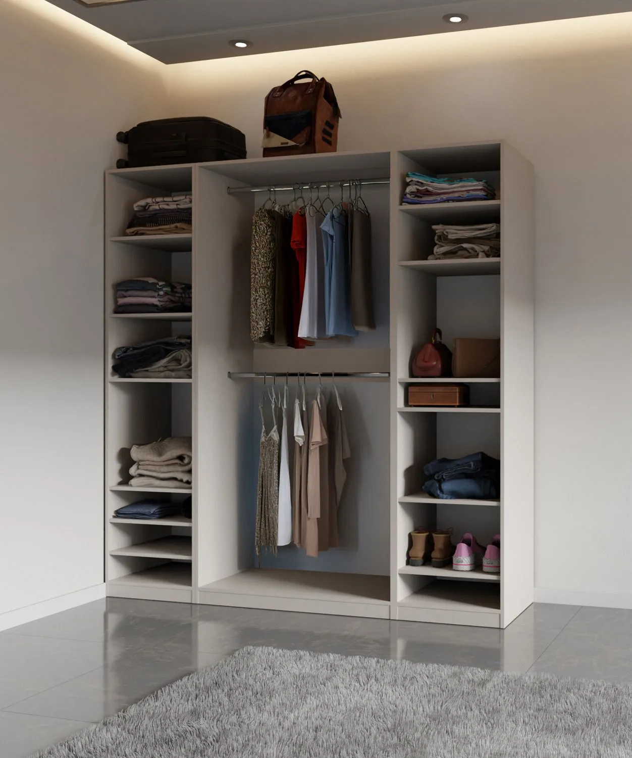 Schrankset für Ankleidezimmer - Set F Cabecao | 3-teilig | Farbe: Kaschmir | offener Kleiderschrank | minimalistisch | 2 Kleiderstangen