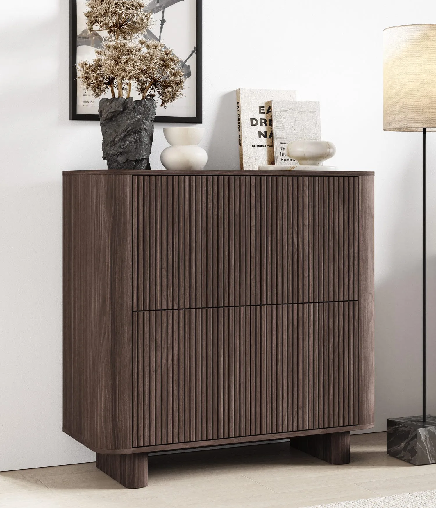 Kommode | 4 Drehtüren | Push-to-open Funktion | Farbe: Walnuss Lincoln | 8 Fächer | 100 x 40 x 100 cm | Push-to-open Funktion | Lamellen Front