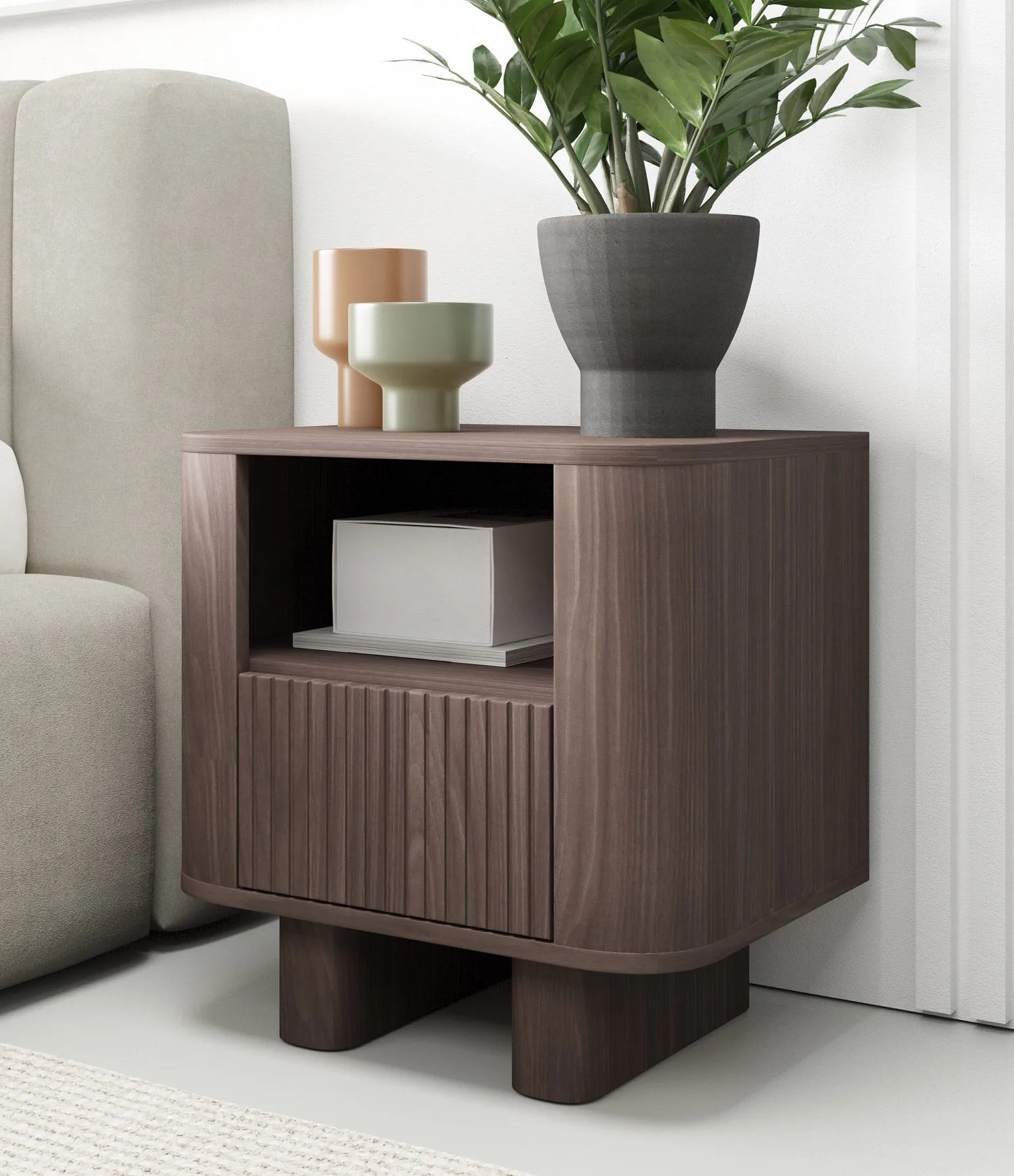 Nachtkommode | Farbe: Walnuss Lincoln | 1 Schublade | 1 Fach | 50 x 40 x 50 cm | Push-to-open Funktion | Nachtkästchen| Lamellen Design | auf Beinen oder hängend