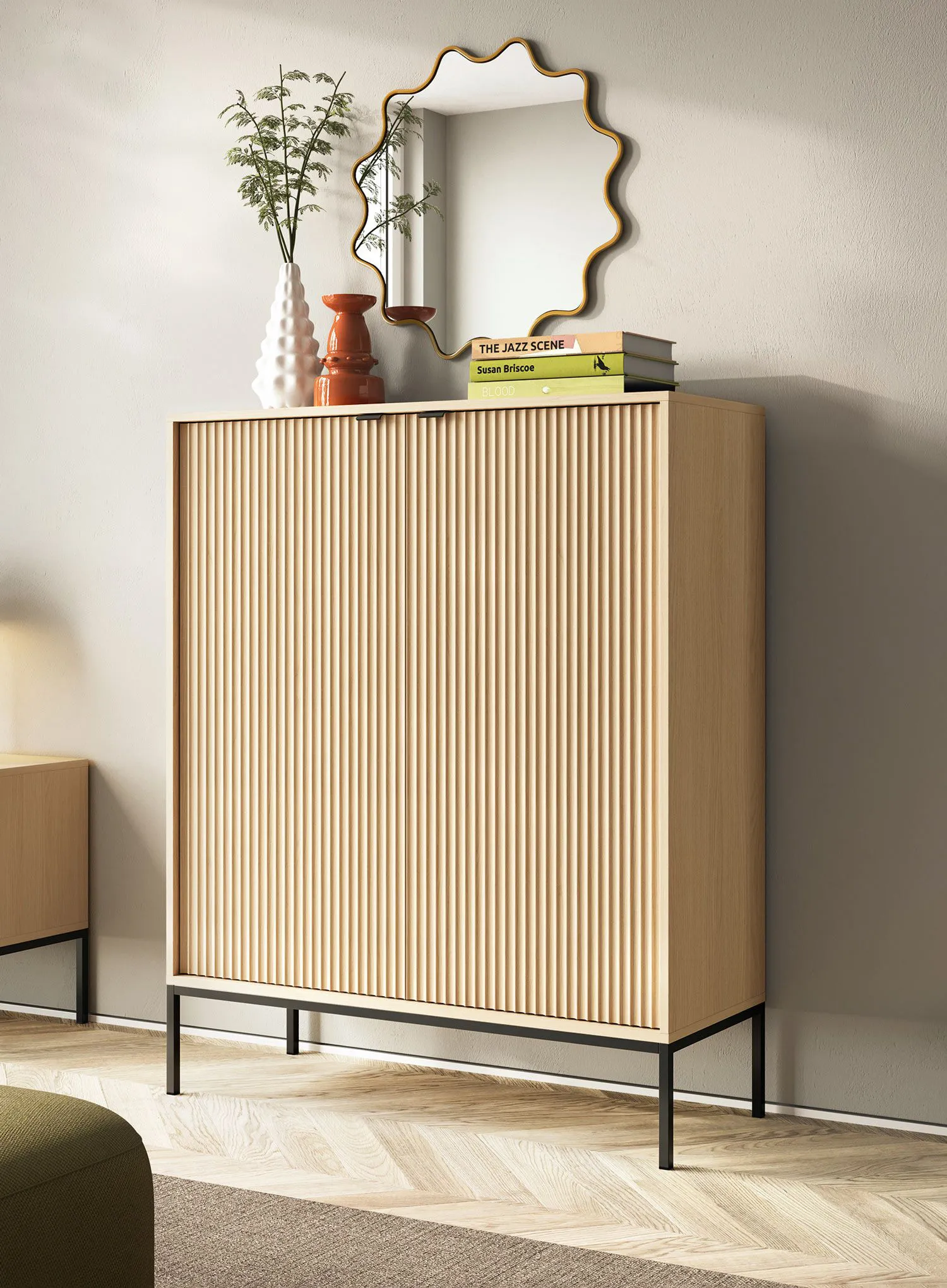 Kommode | geriffelte Front | Farbe: Eiche Vicenza | Highboard | 2 Türen | Maße: 104 x 39 x 125 cm | ABS-Kantenschutz | 6 Fächer