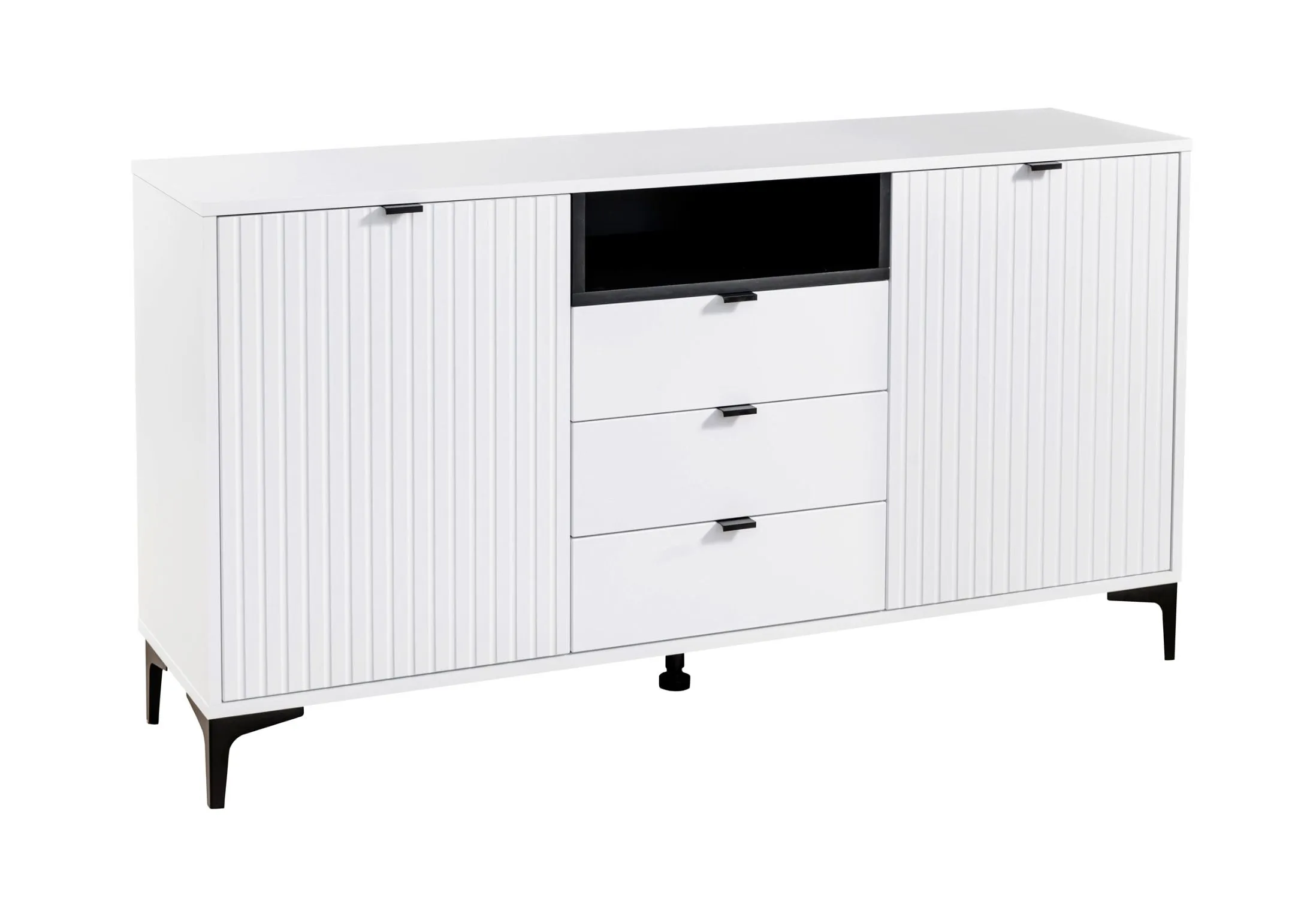 Sideboard / Kommode mit drei Schubladen Ranhuil 05, Farbe: Weiß, Maße: 83,5 x 156,5 x 40,5 cm, zwei Türen, Griffe & Beine: Metall, schlichtes und