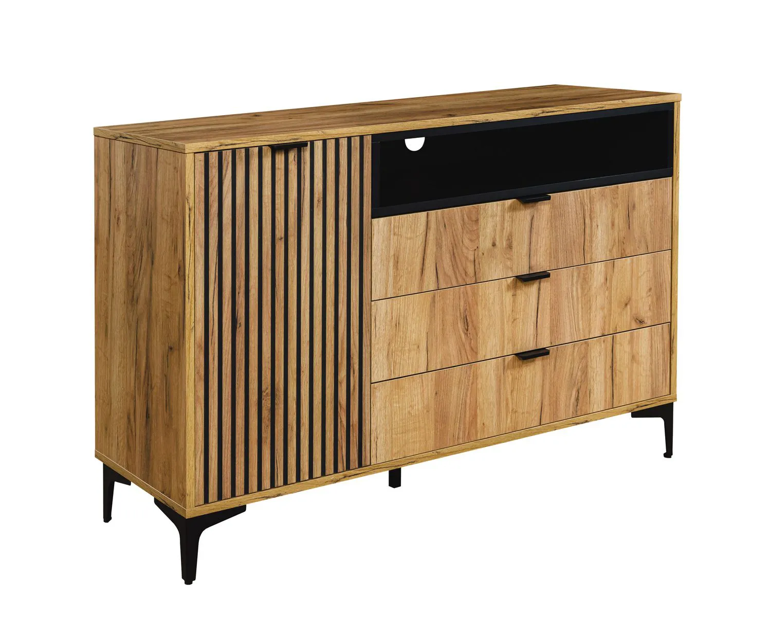 Sideboard mit drei Schubladen Calmuco 08, Farbe: Eiche Craft Gold / Schwarz, Maße: 86,5 x 129 x 40,5 cm, Griffe & Beine: Metall, drei Fächer, hohe