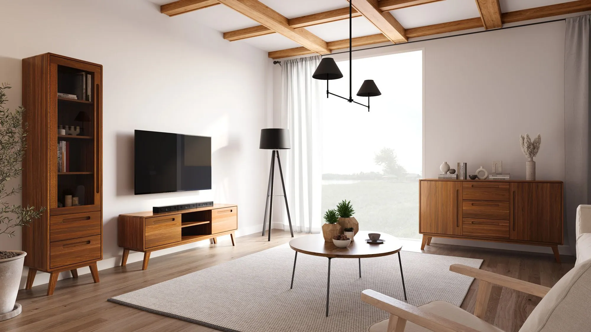 Wohnzimmer - Set F Engordany | 3-teilig | Farbe: Eiche Rustikal | Buche Vollholz massiv | lackiert | 1 Kommode | 1 TV-Schrank