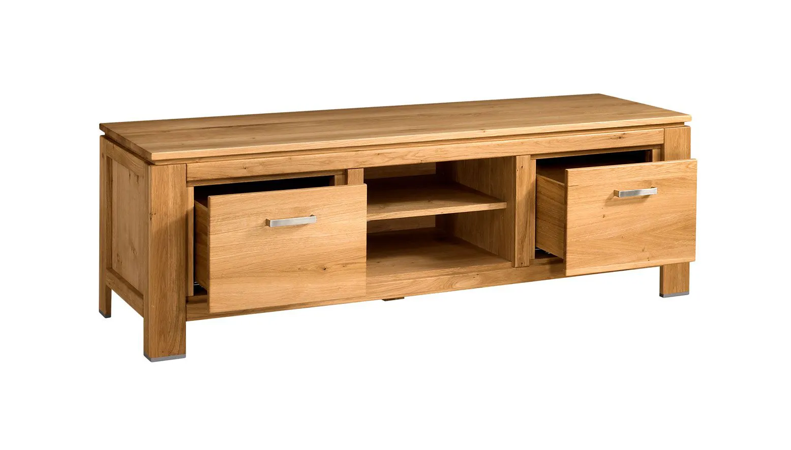 TV-Unterschrank / TV-Möbel Balsa 12, mit zwei Schubladen, Natur, komfortabel für Saug- und Wischroboter, zwei offene Fächer, Eiche teilmassiv, geölt / gewachst, 175 x 53 x 58 cm
