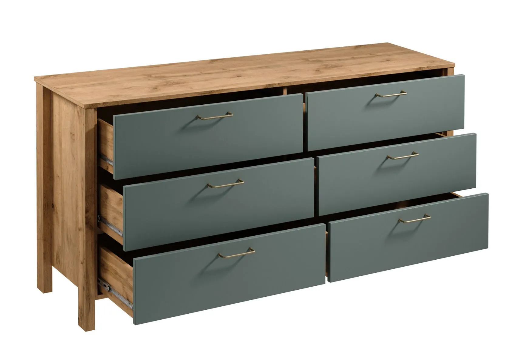 Kommode / Sideboard Braianik 21, Farbe: Eiche Wotan / Grün, 81 x 171 x 47 cm, Griffe aus Metall, 6 geräumige Schubladen, Wohnzimmer, Schlafzimmer