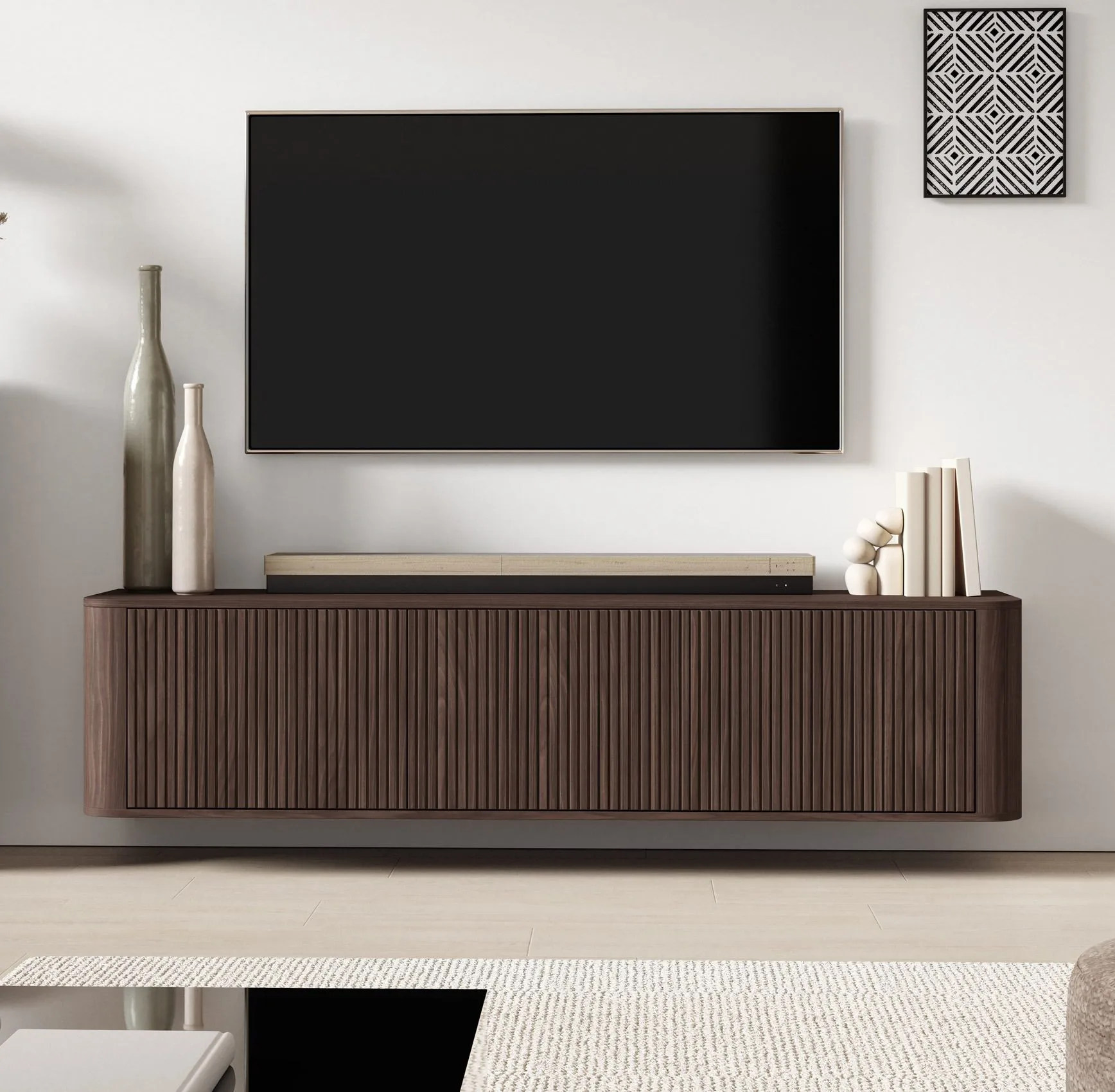 TV-Unterschrank | Farbe: Walnuss Lincoln | 3 Kipptüren | 3 Fächer | 180 x 40 x 54 cm | Push-to-open Funktion | TV-Möbel | Lamellen Design | auf Beinen oder hängend