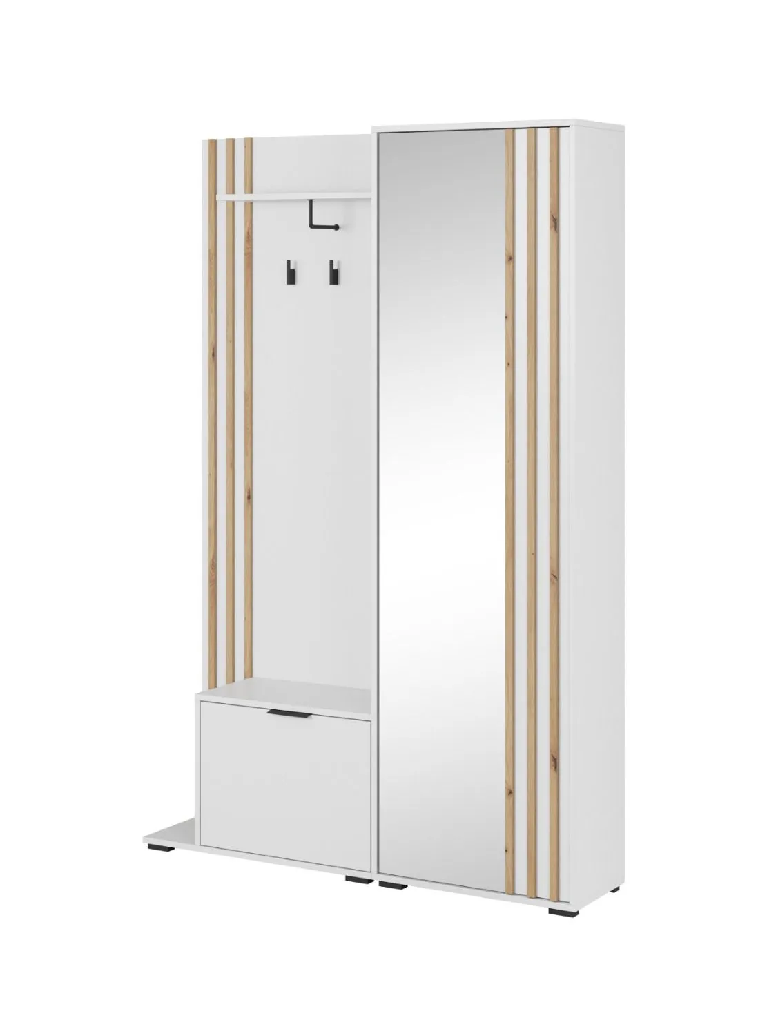Schlichte Garderobe mit Spiegeltür Leeds 02, Farbe: Weiß / Eiche Artisan