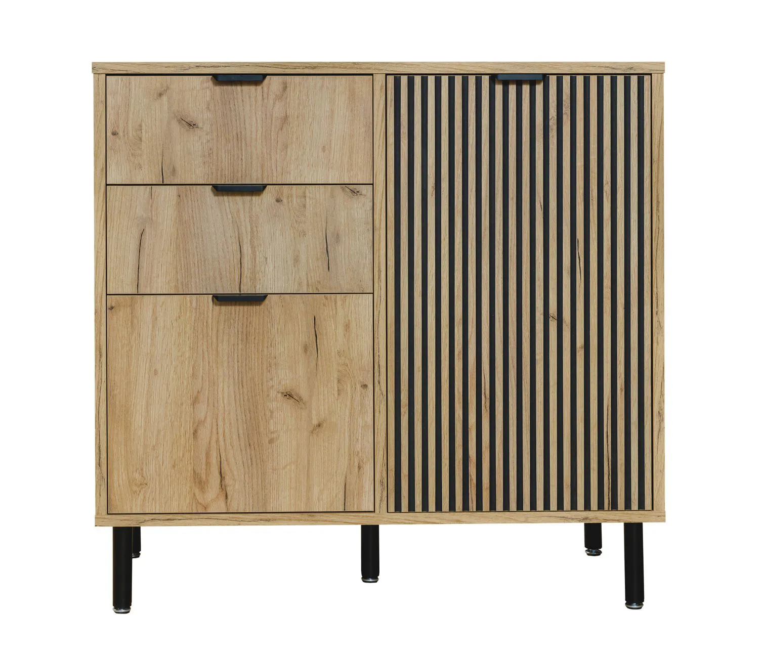 Schmale Kommode mit zwei Türen Luanco 03, Farbe: Eiche Gold Craft, Griffe und Beine: Metall, Maße: 88 x 87,8 x 40,5 cm, zwei Schubladen, drei Fächer