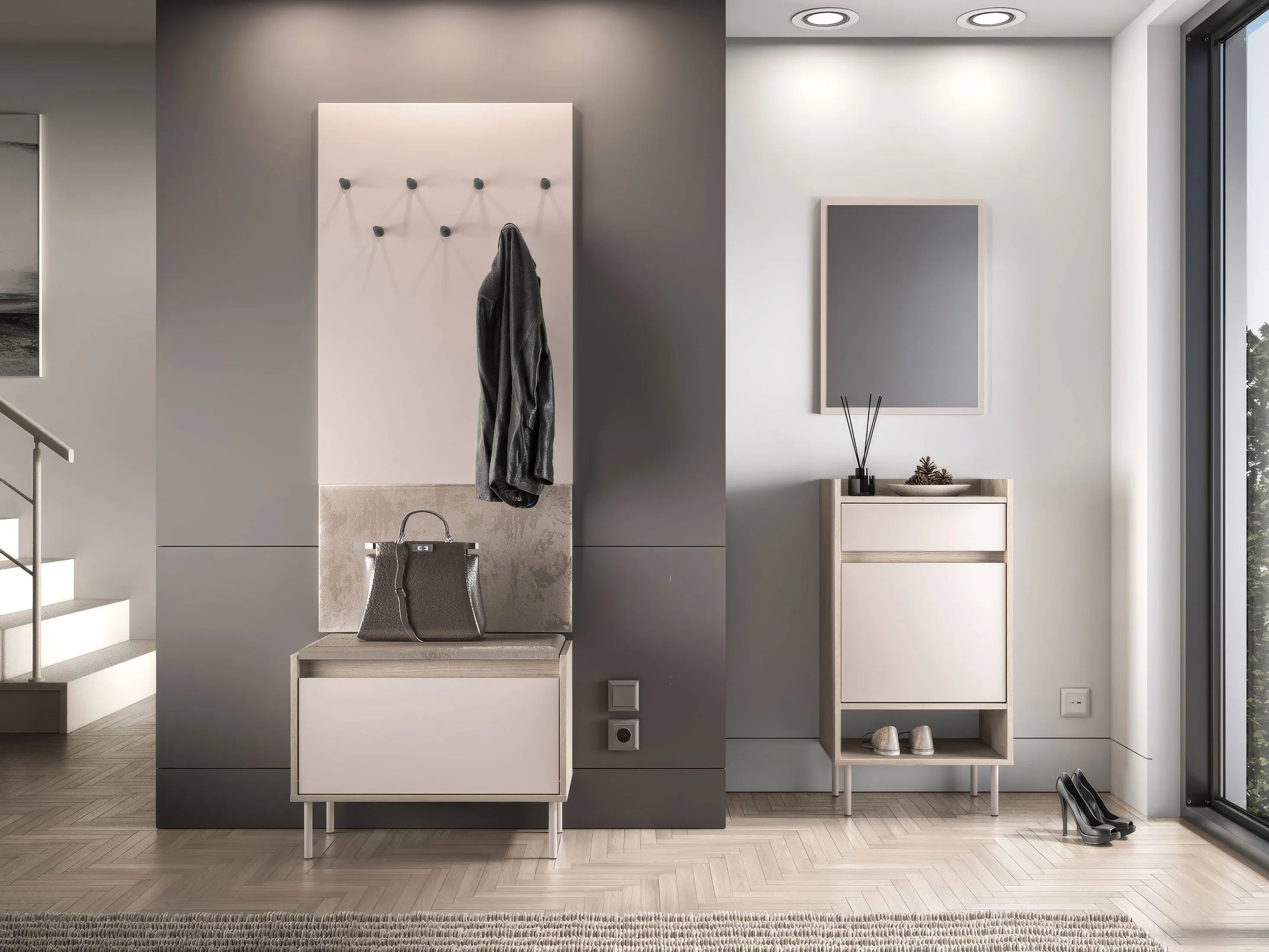 Garderobe | schmal | Farbe: Kaschmir / Braun | 7 Haken | Maße: 90 x 34 x 55 cm | inkl. Samtpolster | Haken: Schwarz | ABS-Kantenschutz